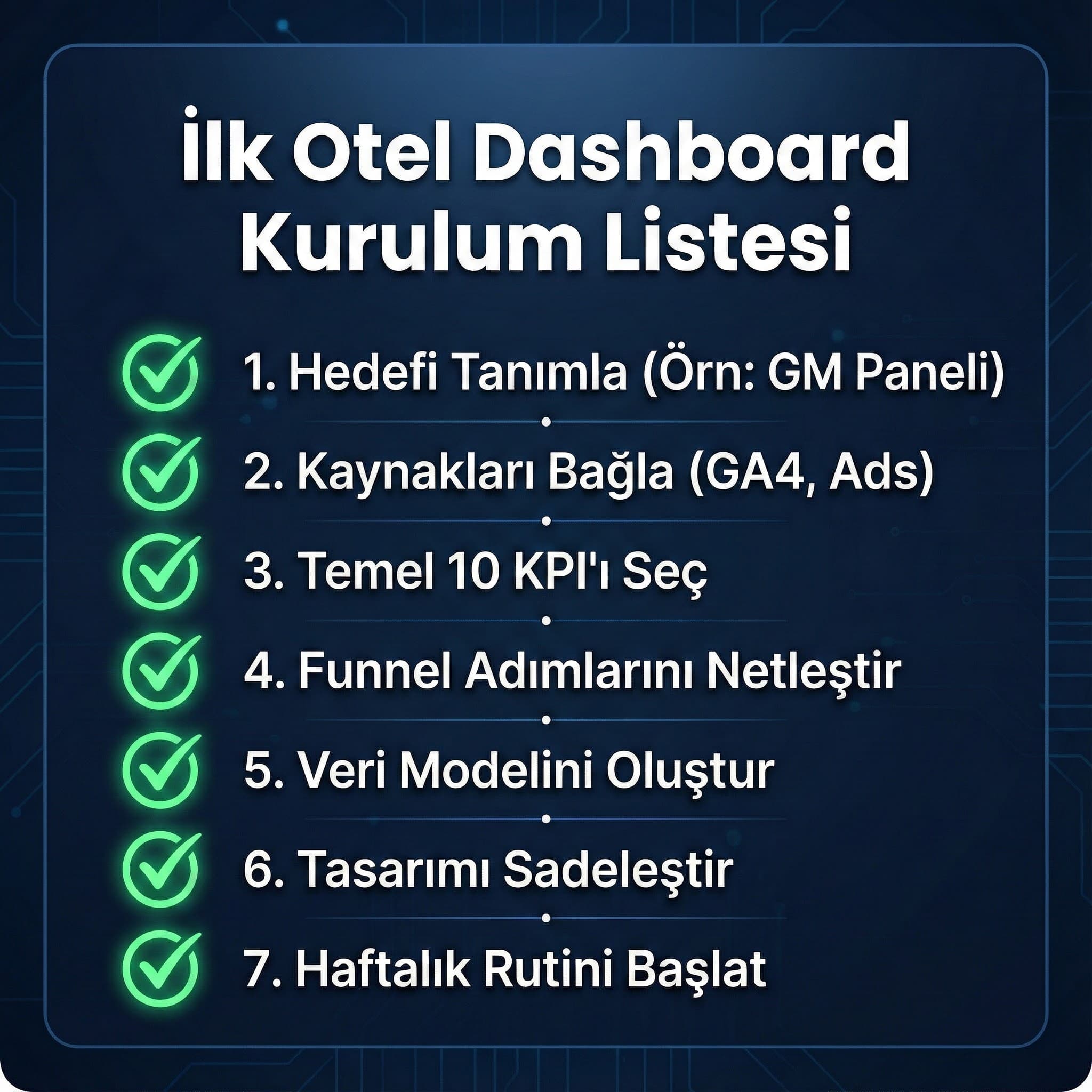 İlk otel dashboard kurulum adımlarını özetleyen kontrol kartı görseli