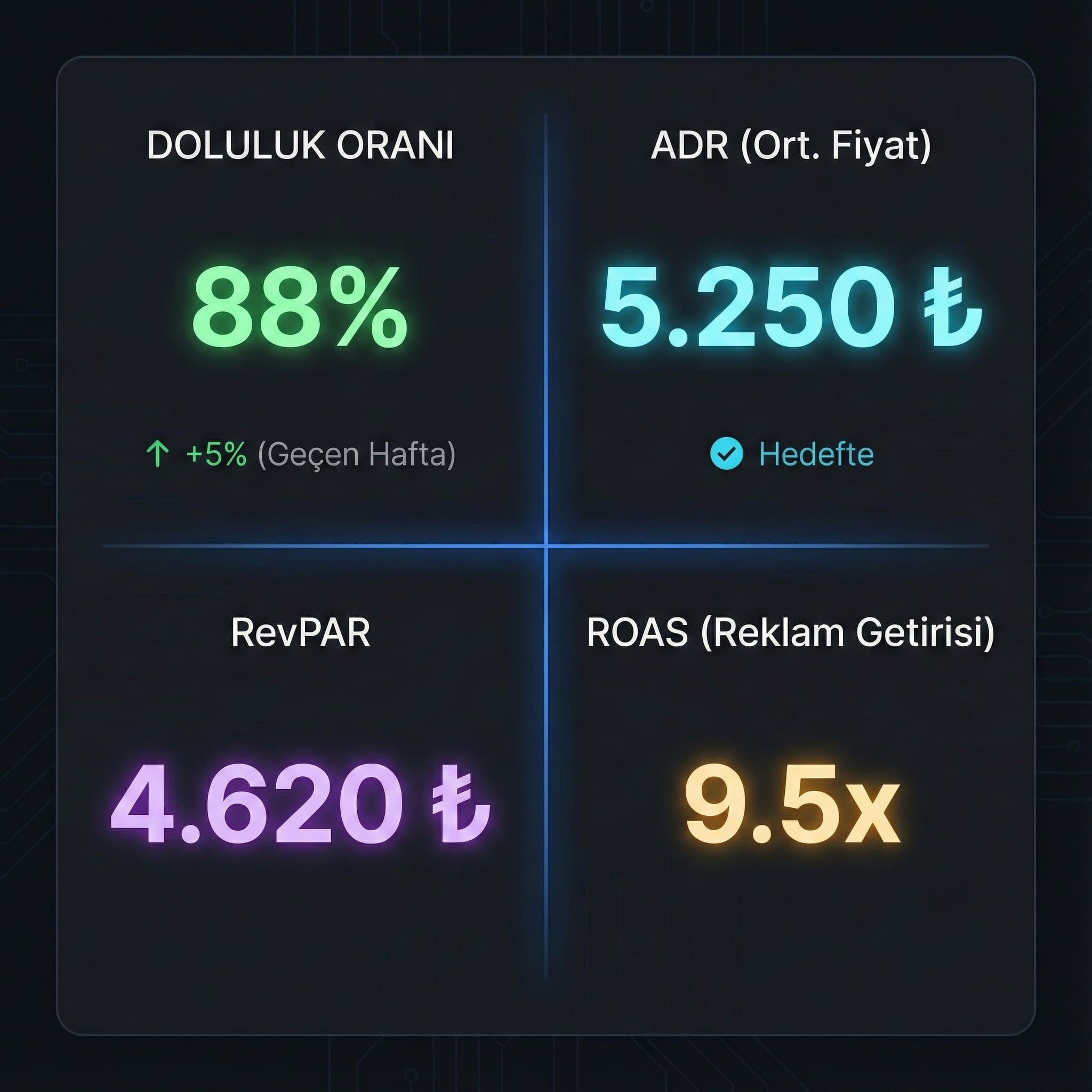 Otel KPI skor kartı ile doluluk ADR RevPAR özet panel görseli