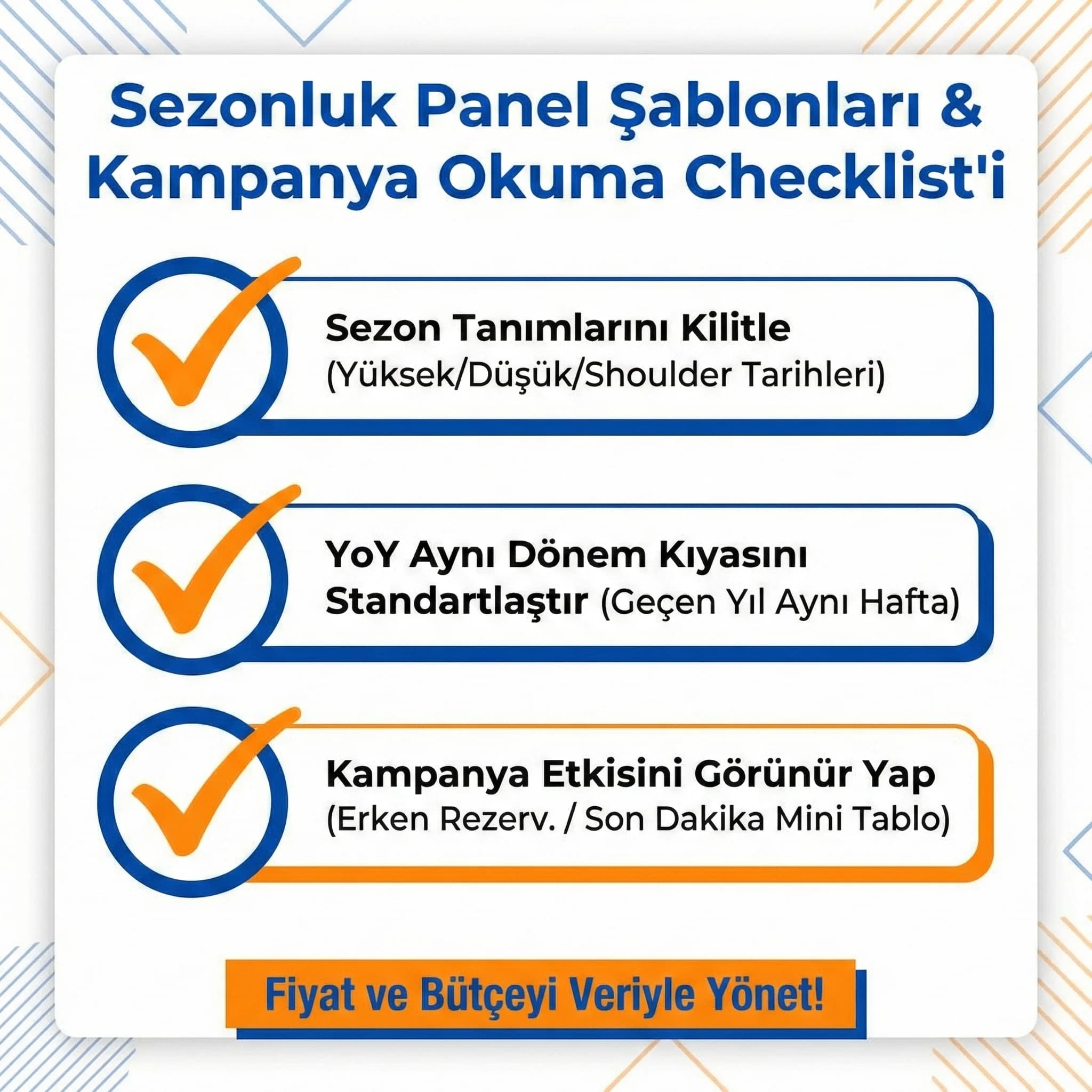 Yüksek düşük shoulder sezon panel şablonlarını özetleyen checklist kartı