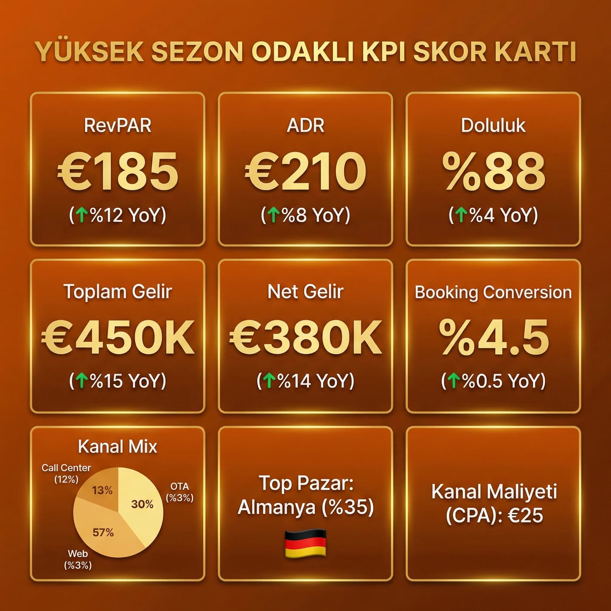 Yüksek sezonda doluluk ADR RevPAR ve kanal mix KPI kartlarını gösteren skor paneli