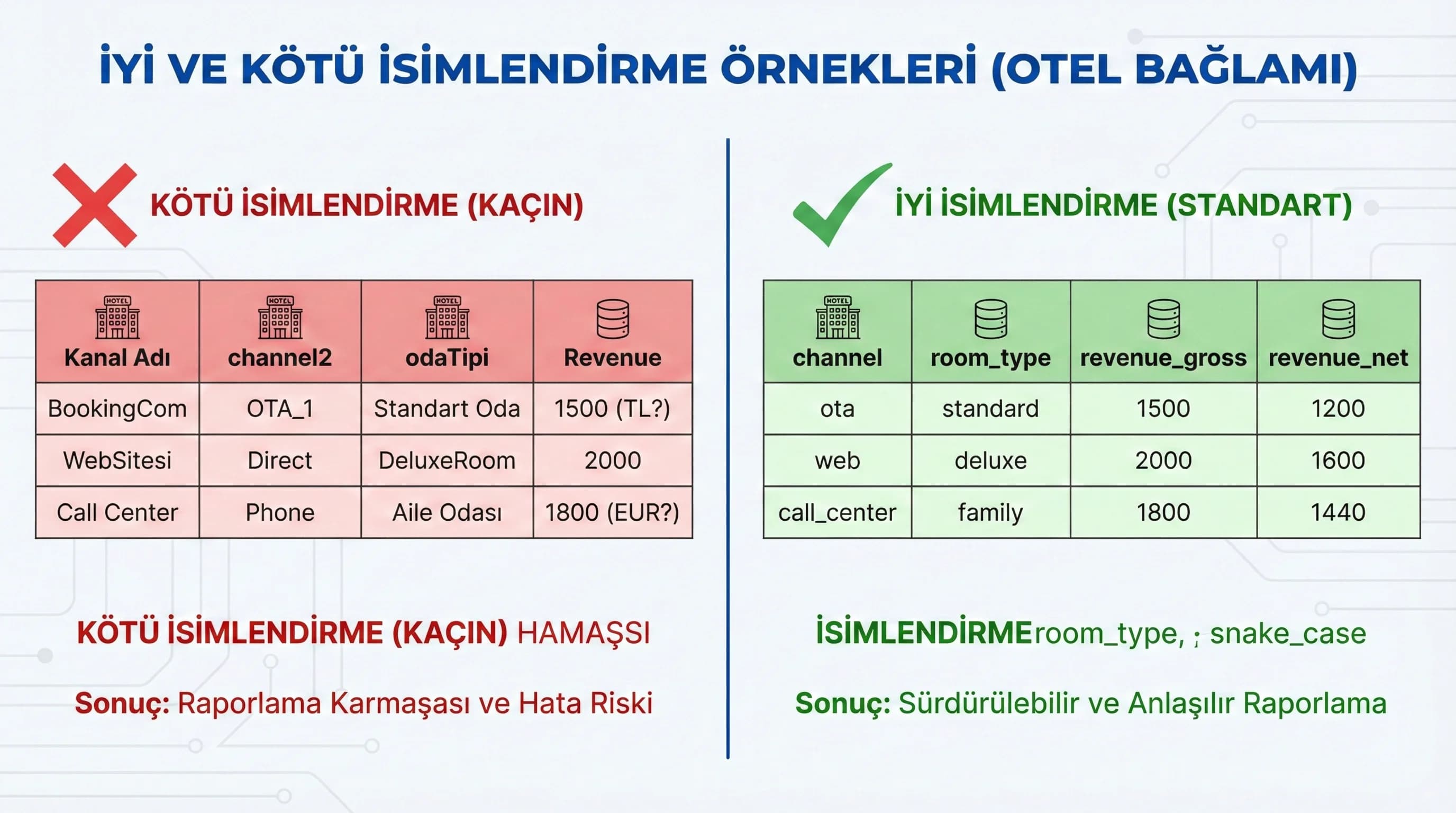 İyi ve kötü isimlendirilmiş alan örneklerini otel bağlamında karşılaştıran görsel