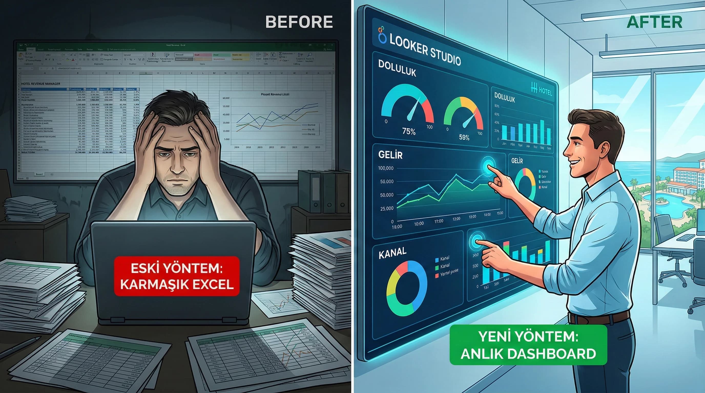 Excel tablosu ile Looker Studio panelini yan yana karşılaştıran otel raporlama görseli