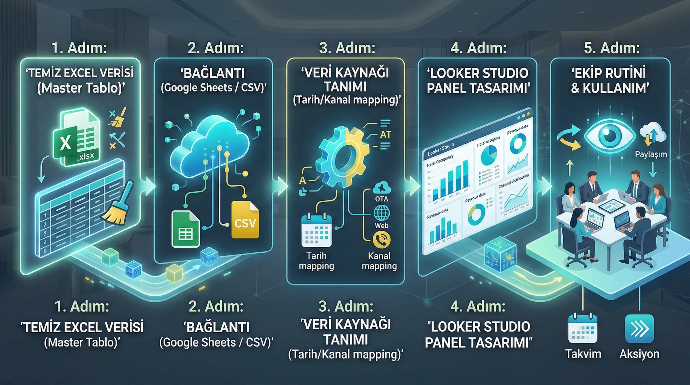 Excel Sheets CSV üzerinden Looker Studio’ya veri akışını gösteren diyagram