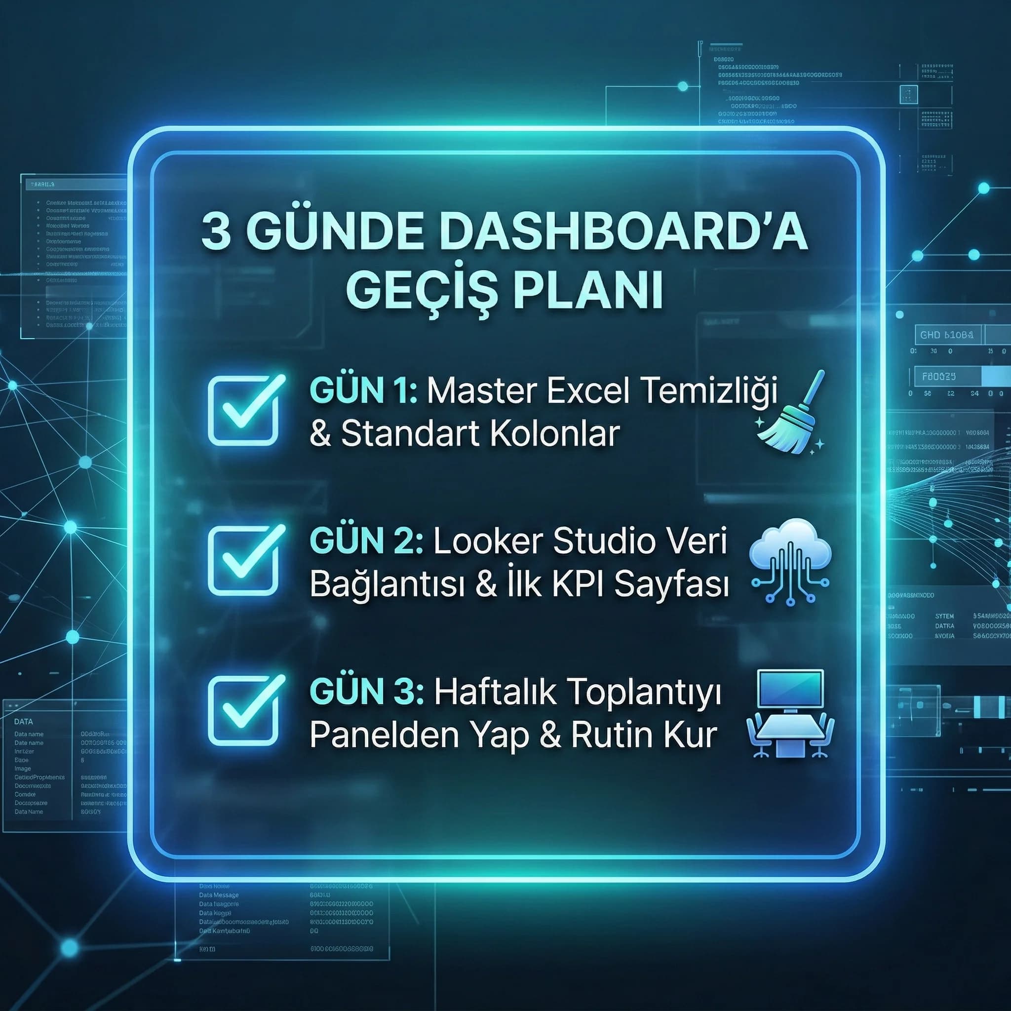 3 günde Excel’den dashboard’a geçiş planını özetleyen checklist kartı