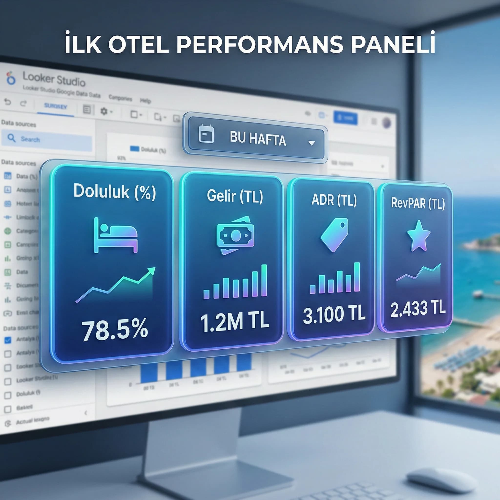 Doluluk gelir RevPAR kanal mix KPI kartlarını gösteren ilk otel performans paneli