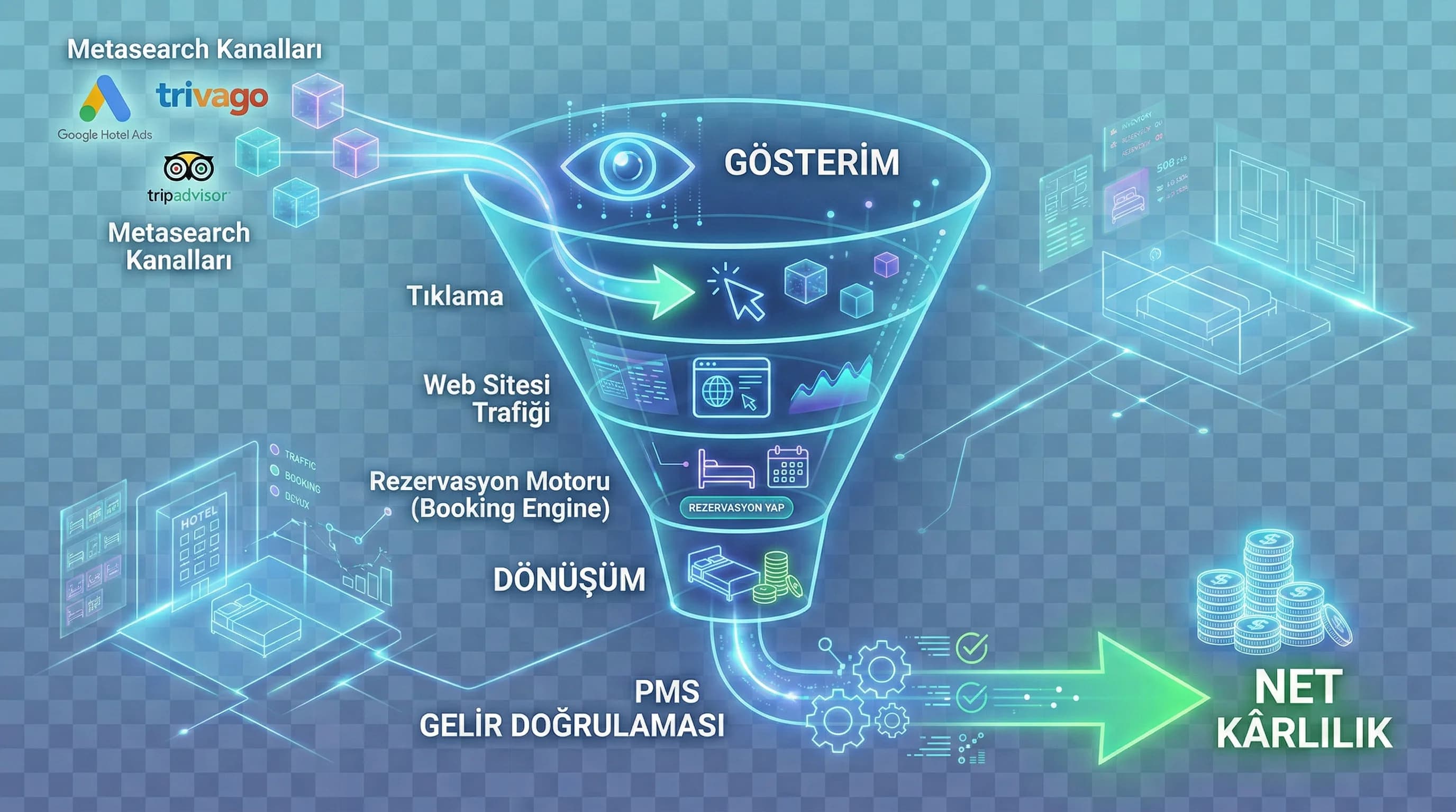 Metasearchten web sitesine ve rezervasyona giden funnel akışını gösteren diyagram