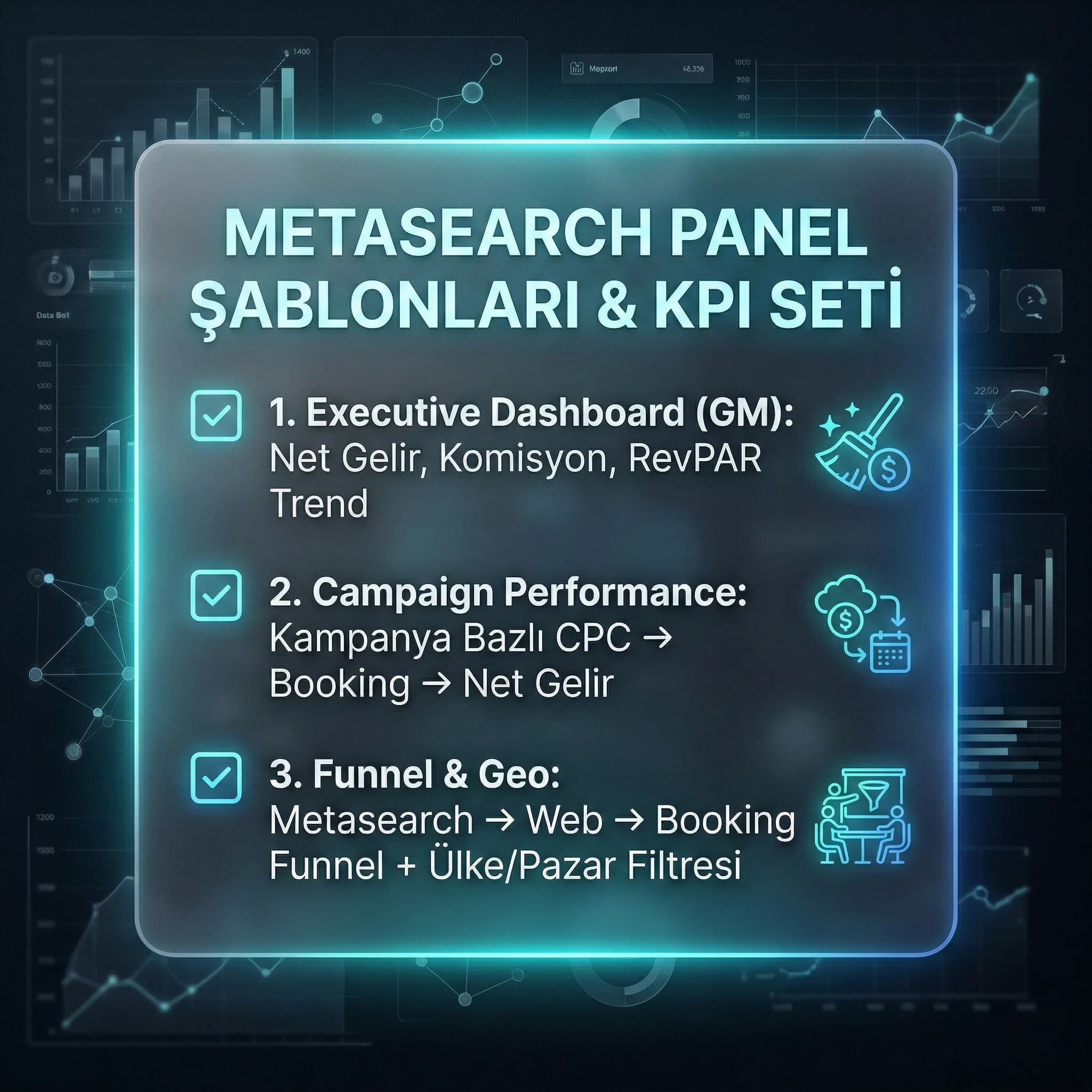 3 metasearch dashboard şablonunu ve KPI setini özetleyen checklist kartı