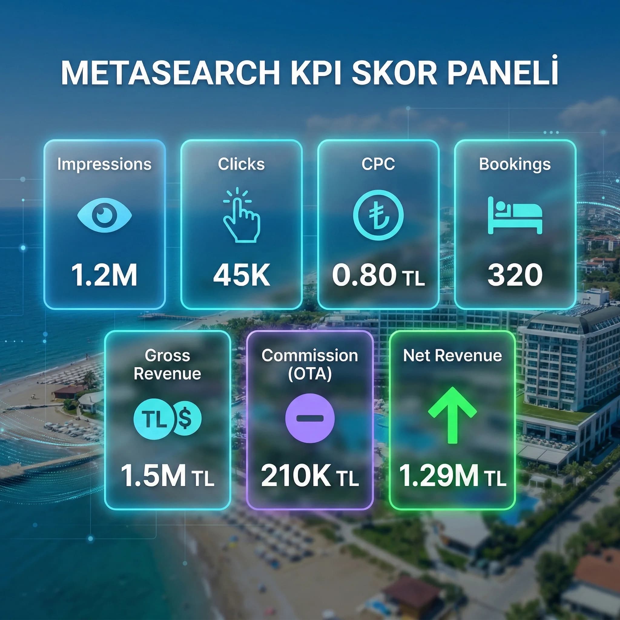 Hotel Ads metrikleri ve net gelir KPI kartlarını gösteren metasearch skor paneli