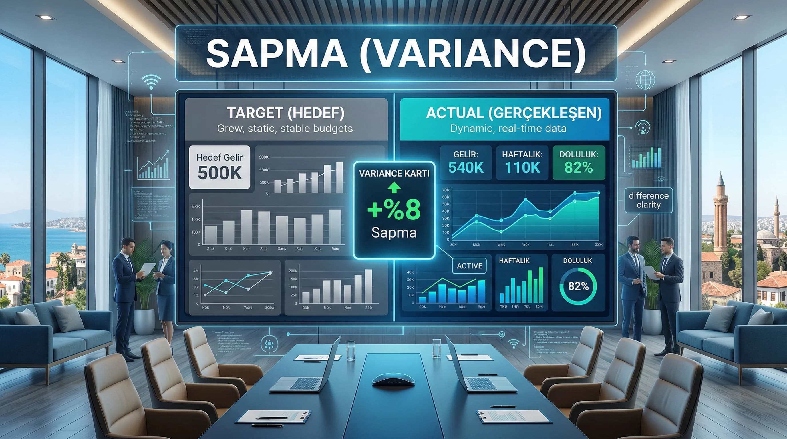 Hedef gerçekleşen ve sapma göstergelerini gösteren budget vs actual dashboard bağlam görseli