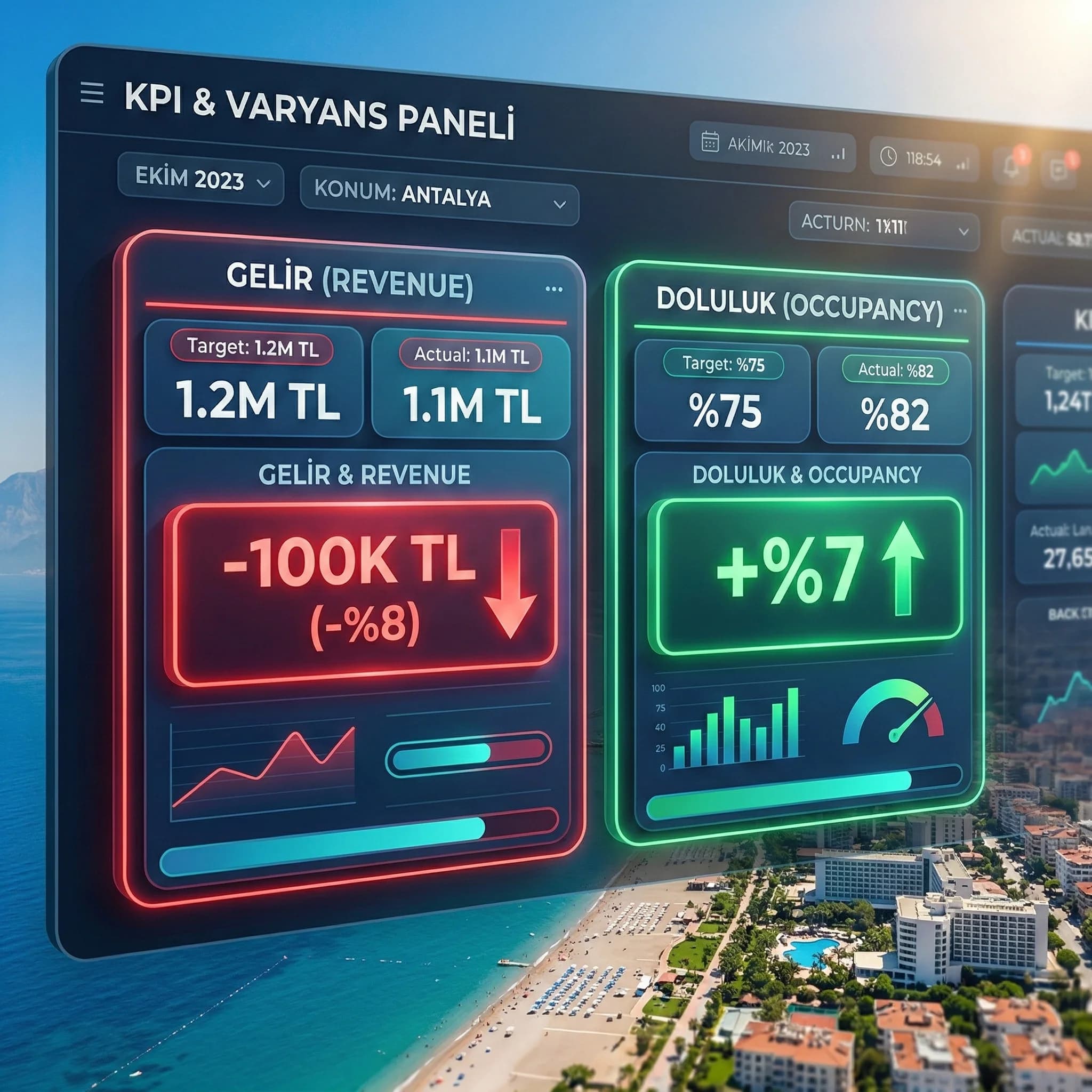 Revenue occupancy RevPAR ve ROAS için target actual variance kartlarını gösteren skor paneli