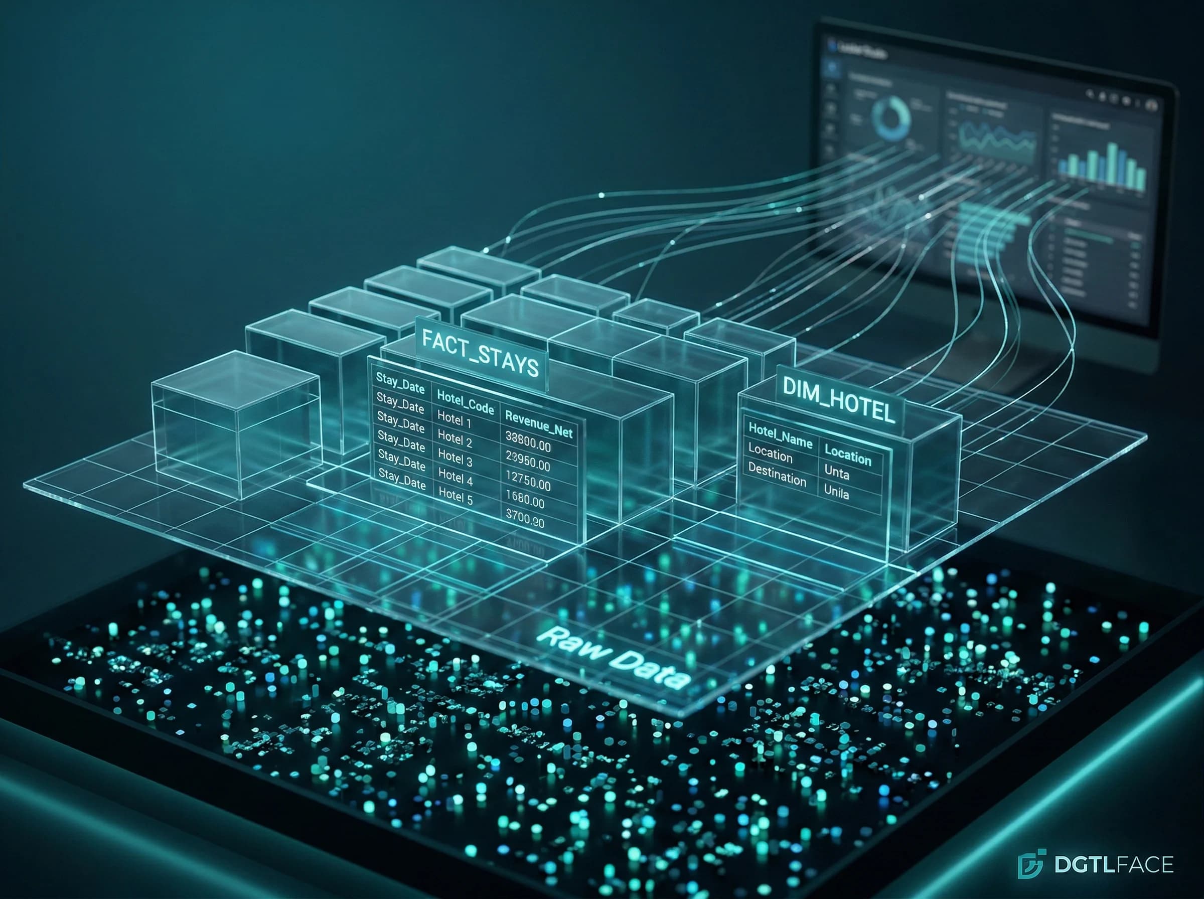 Fact dimension model ve view katmanına geçiş yapan otel raporlama ayırıcı görsel