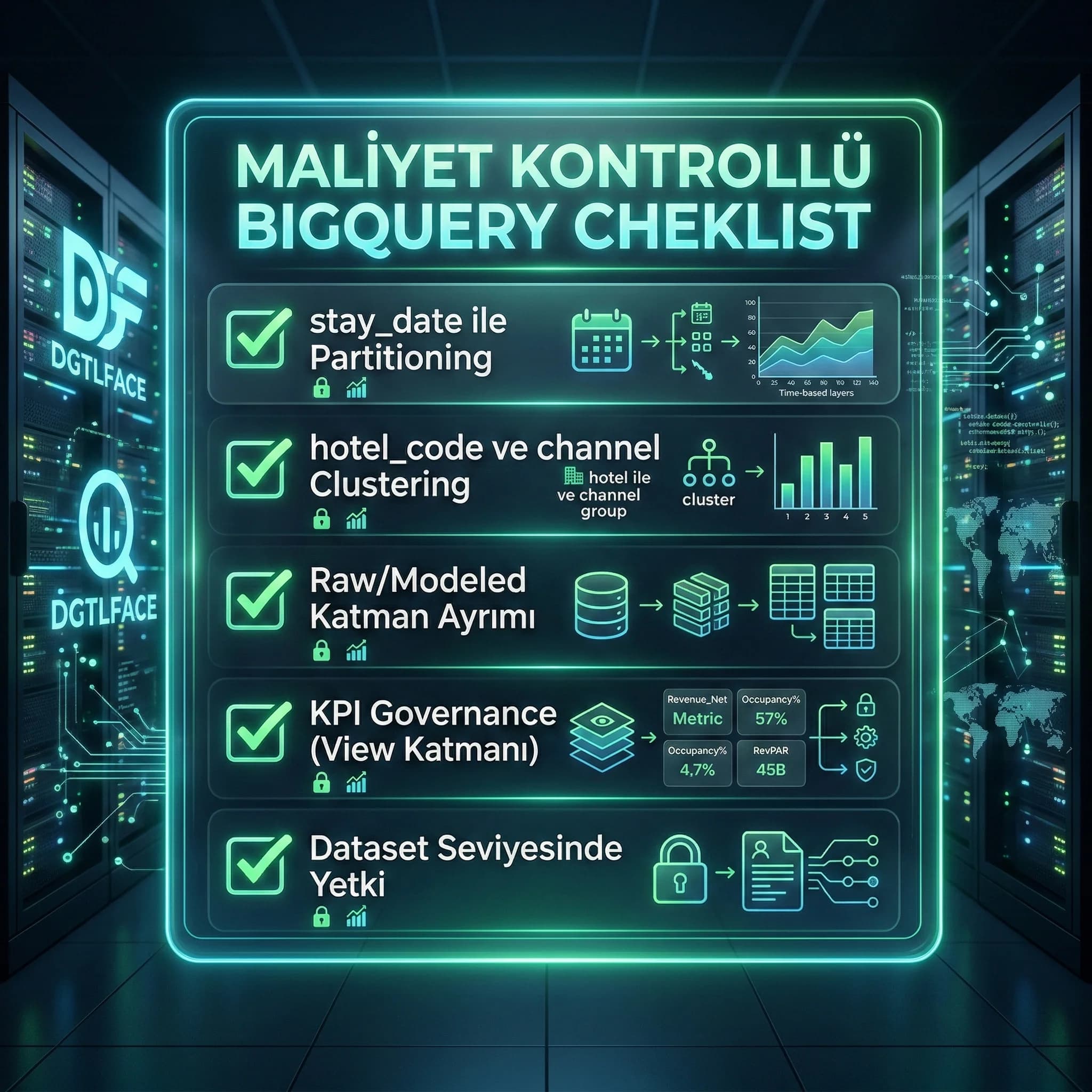 Partition clustering ve erişim yetkileriyle maliyet kontrollü BigQuery checklist kartı