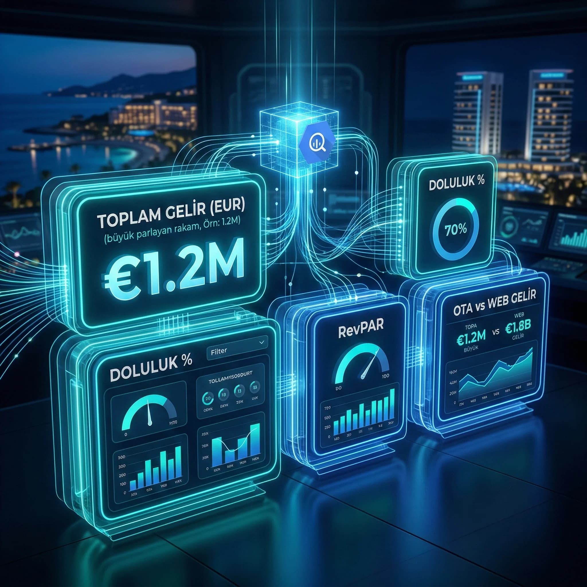 Net gelir doluluk RevPAR ve kanal mix KPI kartlarıyla hızlı BigQuery dashboard örneği