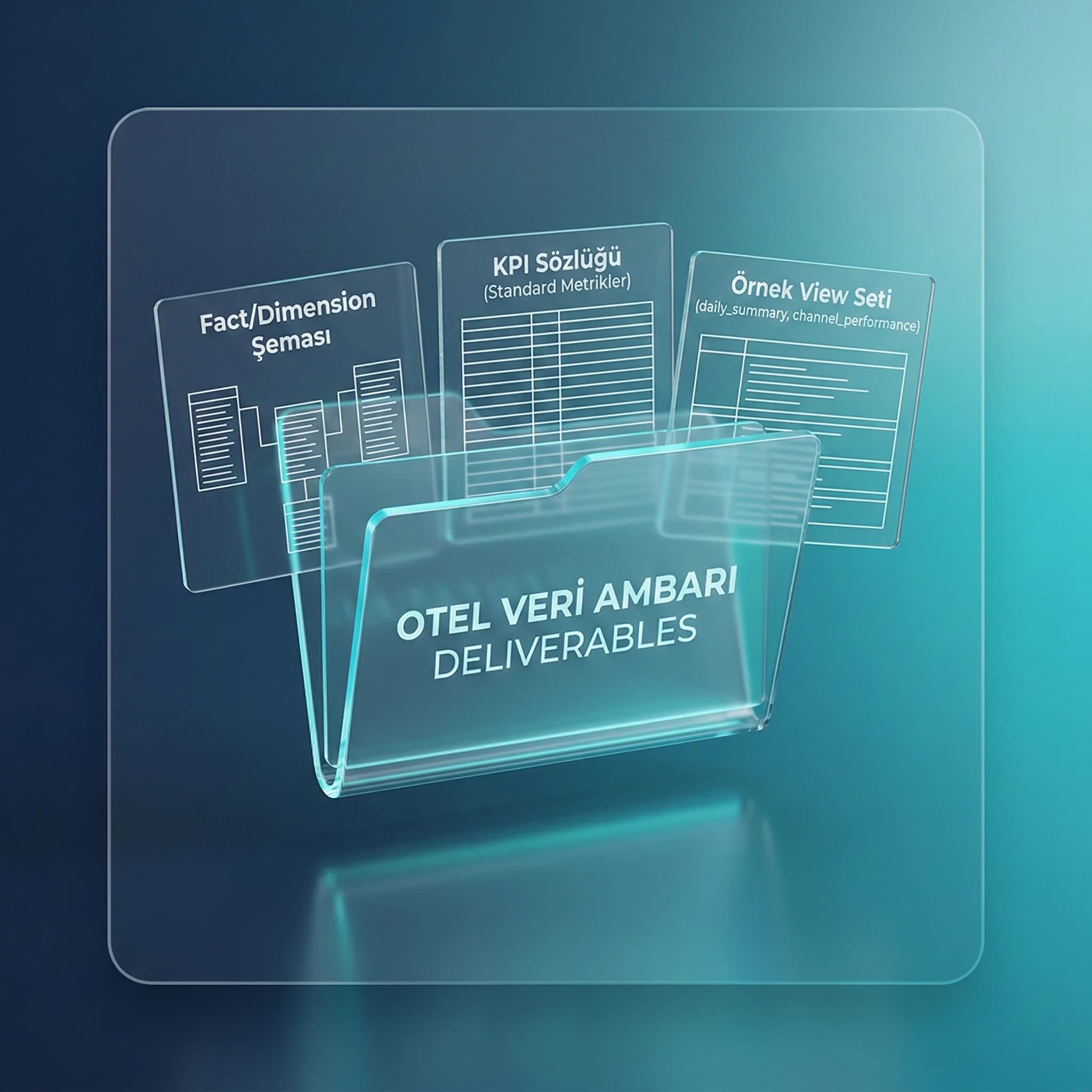 Otel veri ambarı deliverables seti ve dashboard üretim hızını gösteren proof kartı