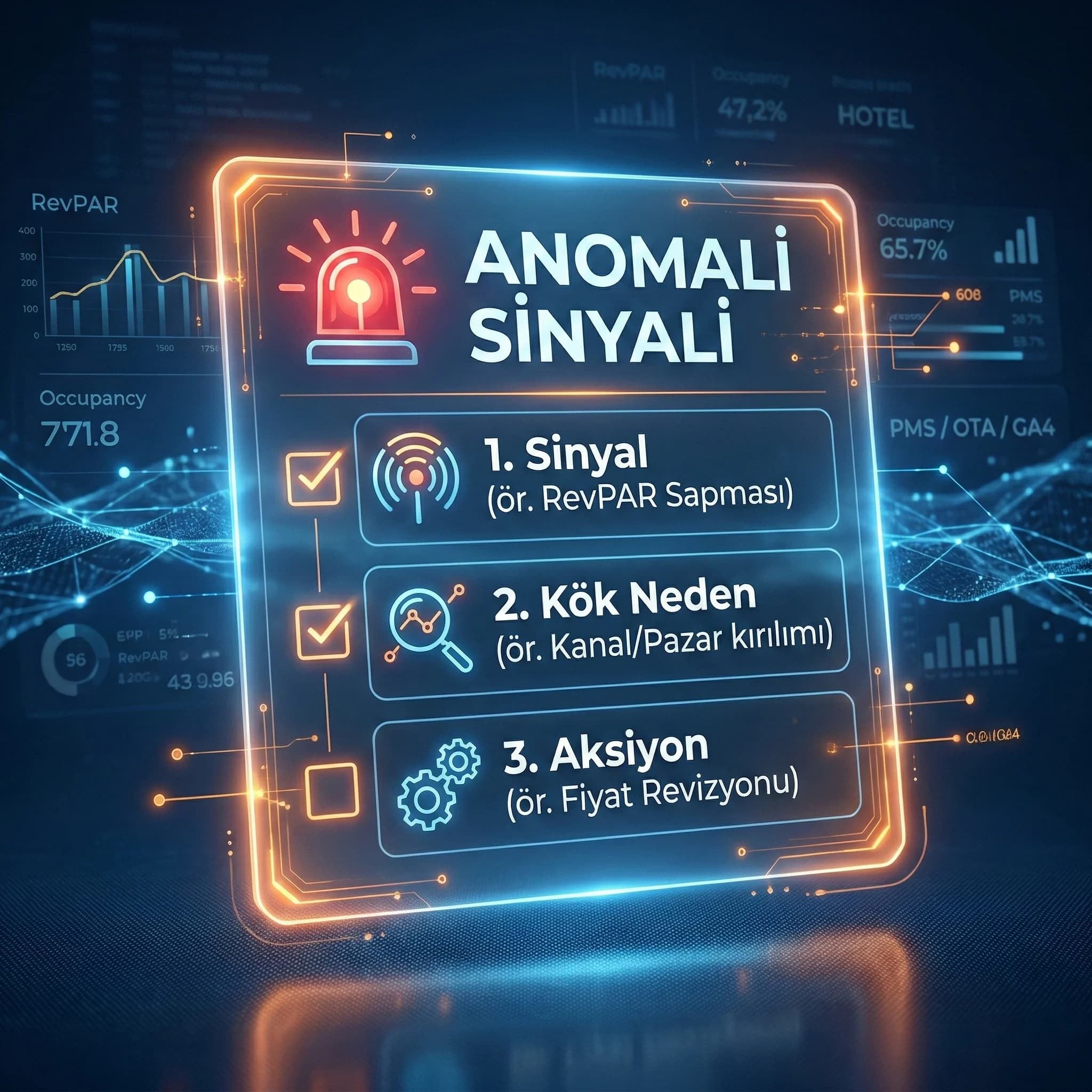 Anomali uyarı kartı şablonu ve aksiyon formatını gösteren checklist kartı