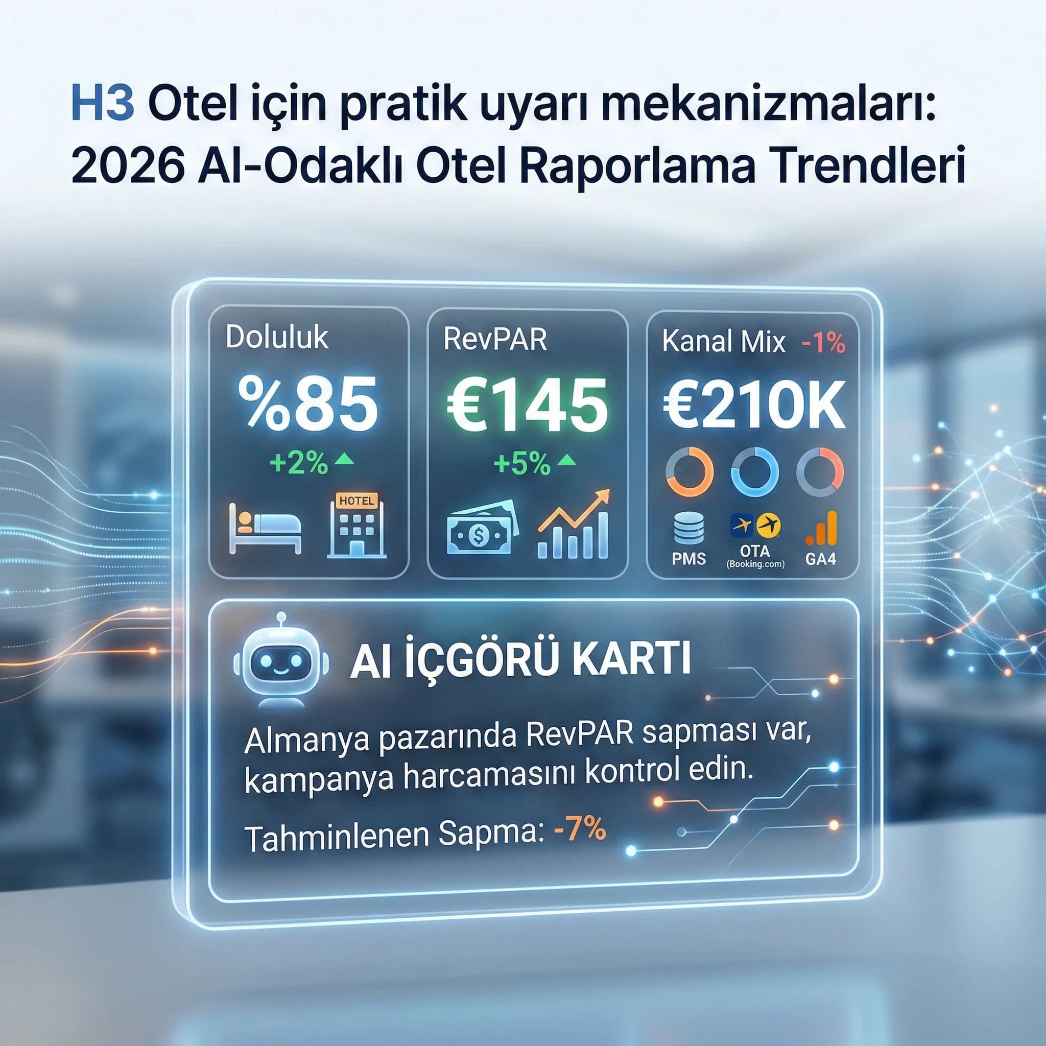 AI içgörü kartlarıyla doluluk RevPAR kanal mix KPI özetini gösteren skor paneli