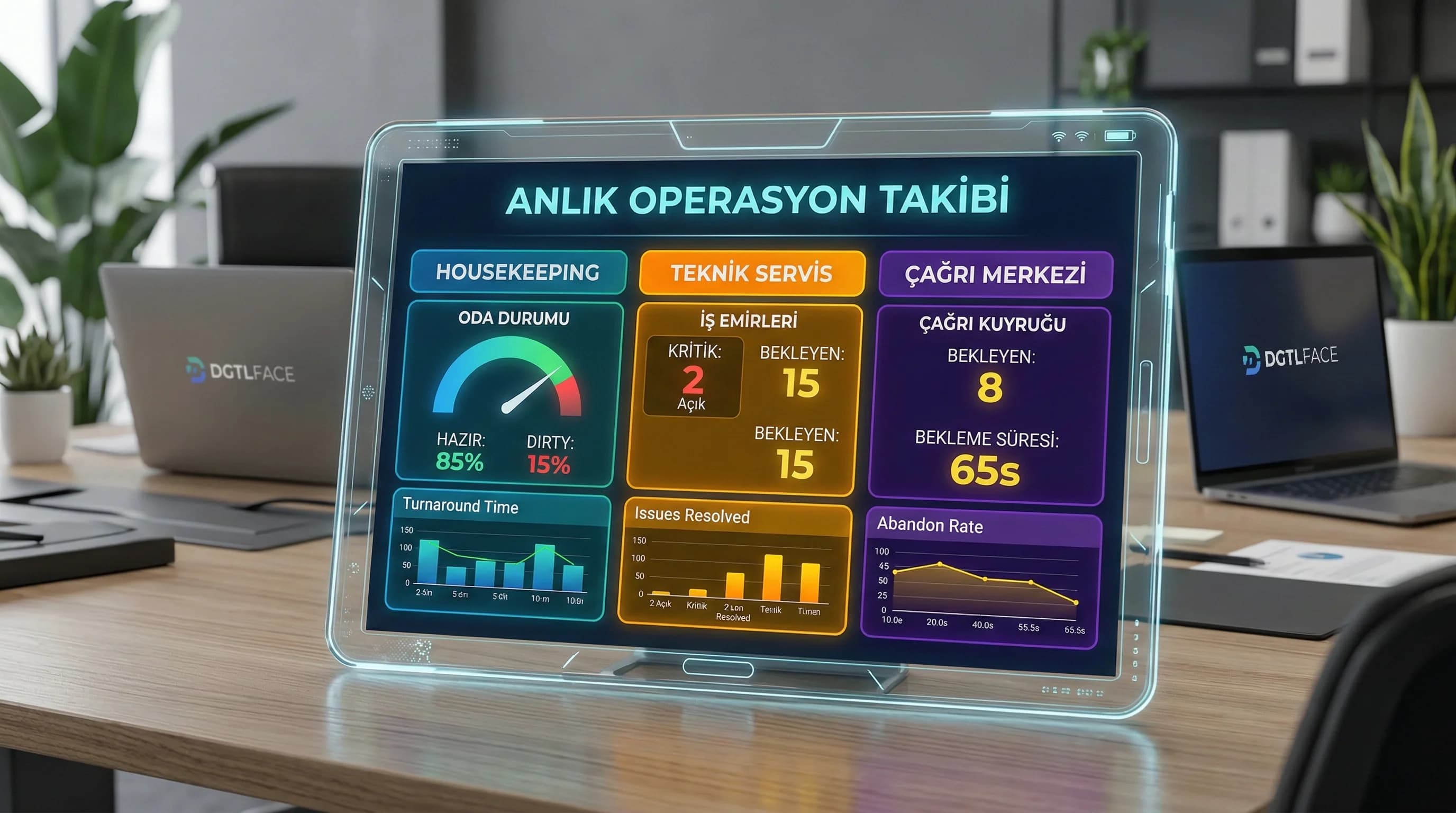 Housekeeping teknik servis ve çağrı merkezi KPI kartlarını aynı ekranda gösteren panel