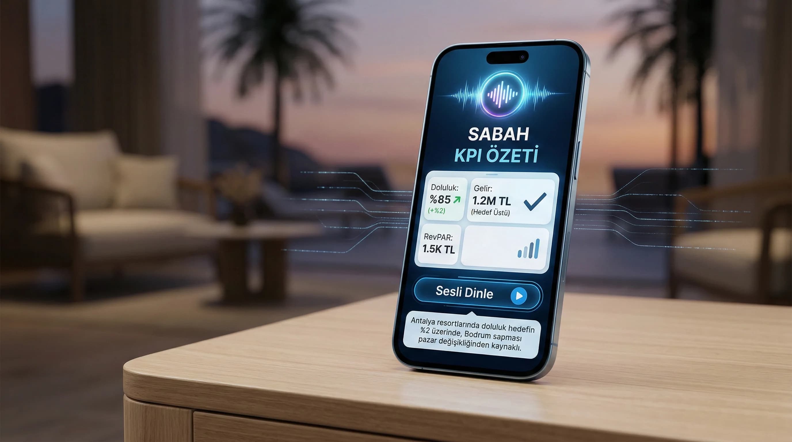 GM için sesli özet ve KPI kartlarını birlikte gösteren otel panel mockup görseli