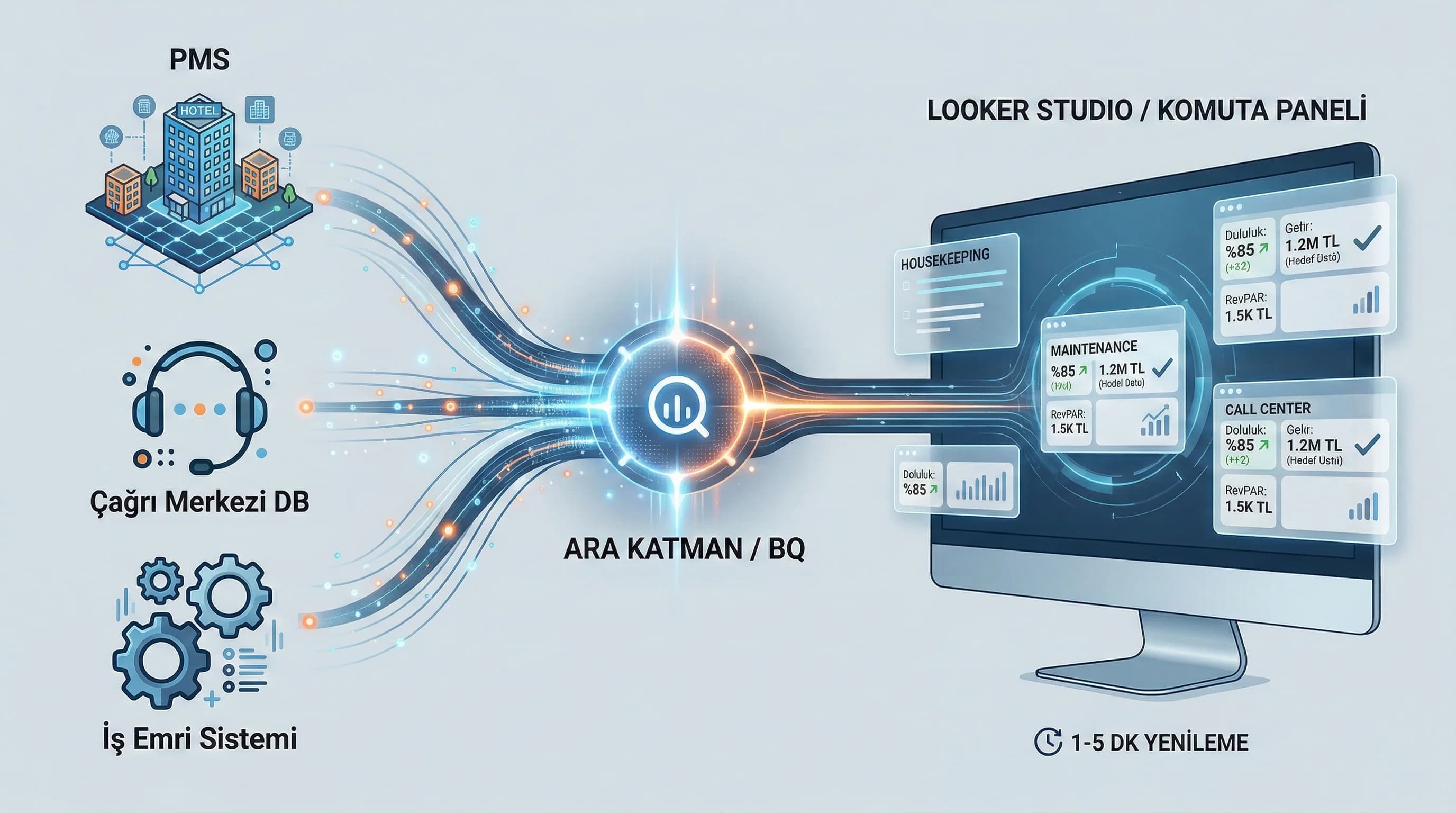 Looker Studio veri exportundan AI asistana soru cevap akışını gösteren diyagram