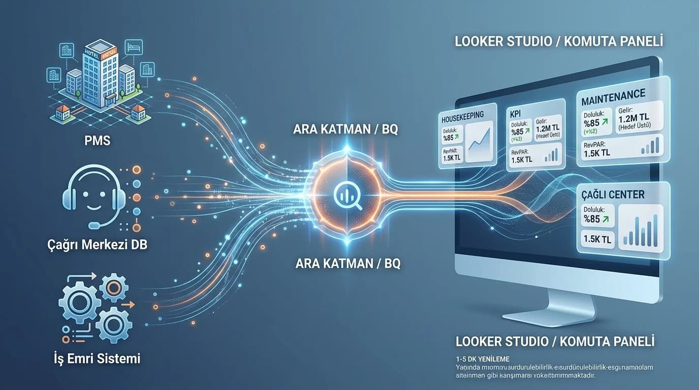 Looker Studio veri exportundan AI asistana soru cevap akışını gösteren diyagram