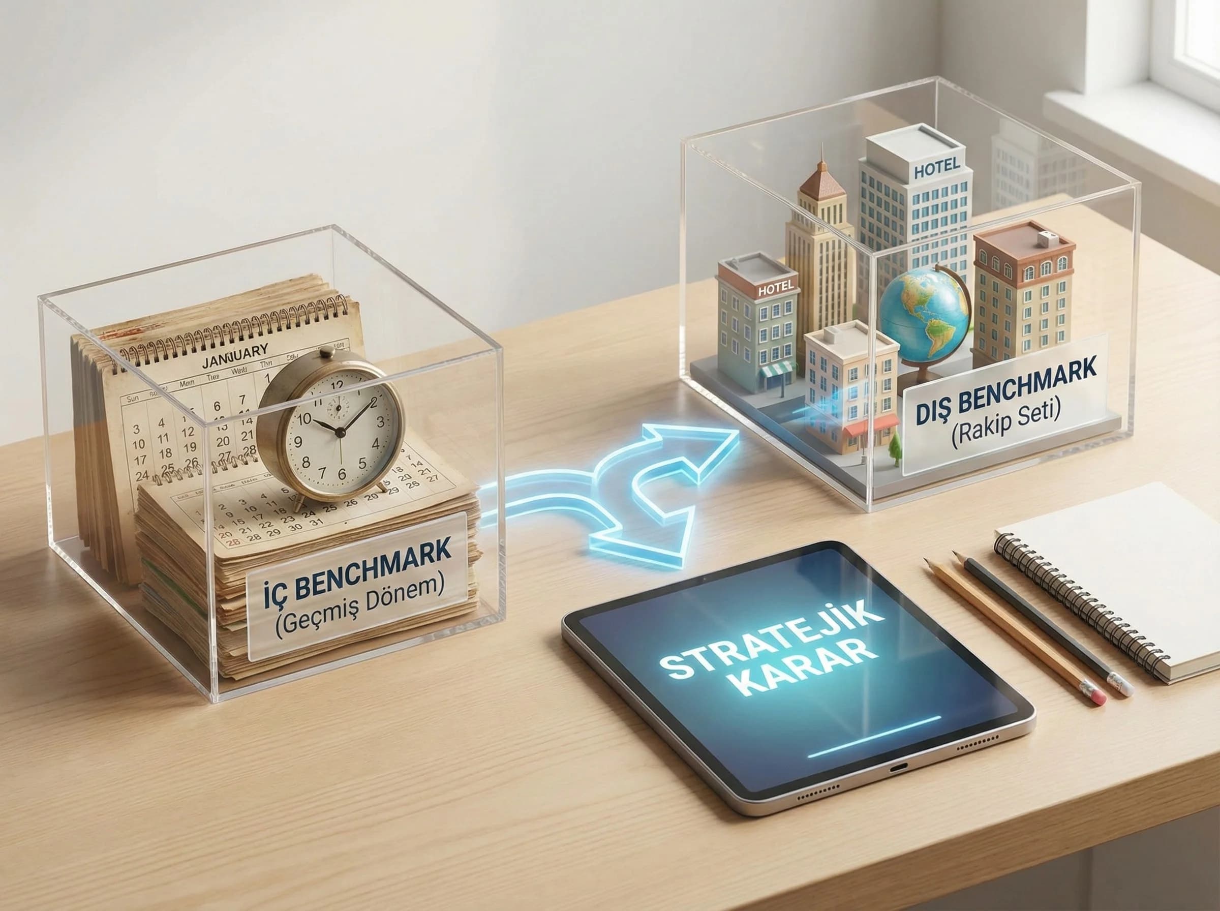 İç ve dış benchmark farkını sade kutularla anlatan otel görseli