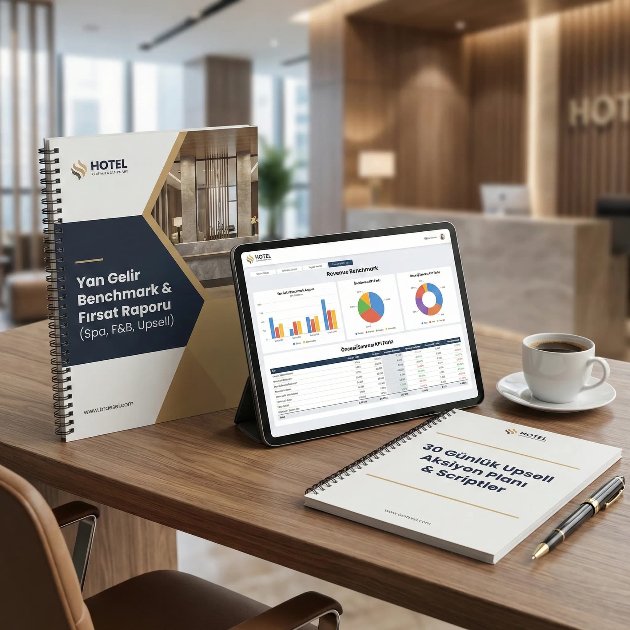 Yan gelir benchmark raporu ve upsell planı çıktısını gösteren kanıt kartı