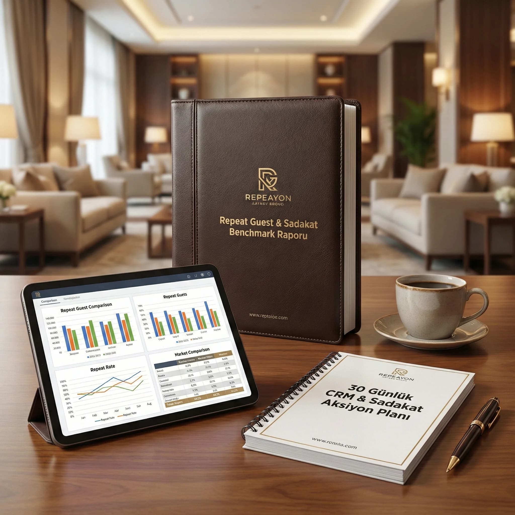 Repeat benchmark raporu ve CRM aksiyon planı çıktısını gösteren kanıt kartı