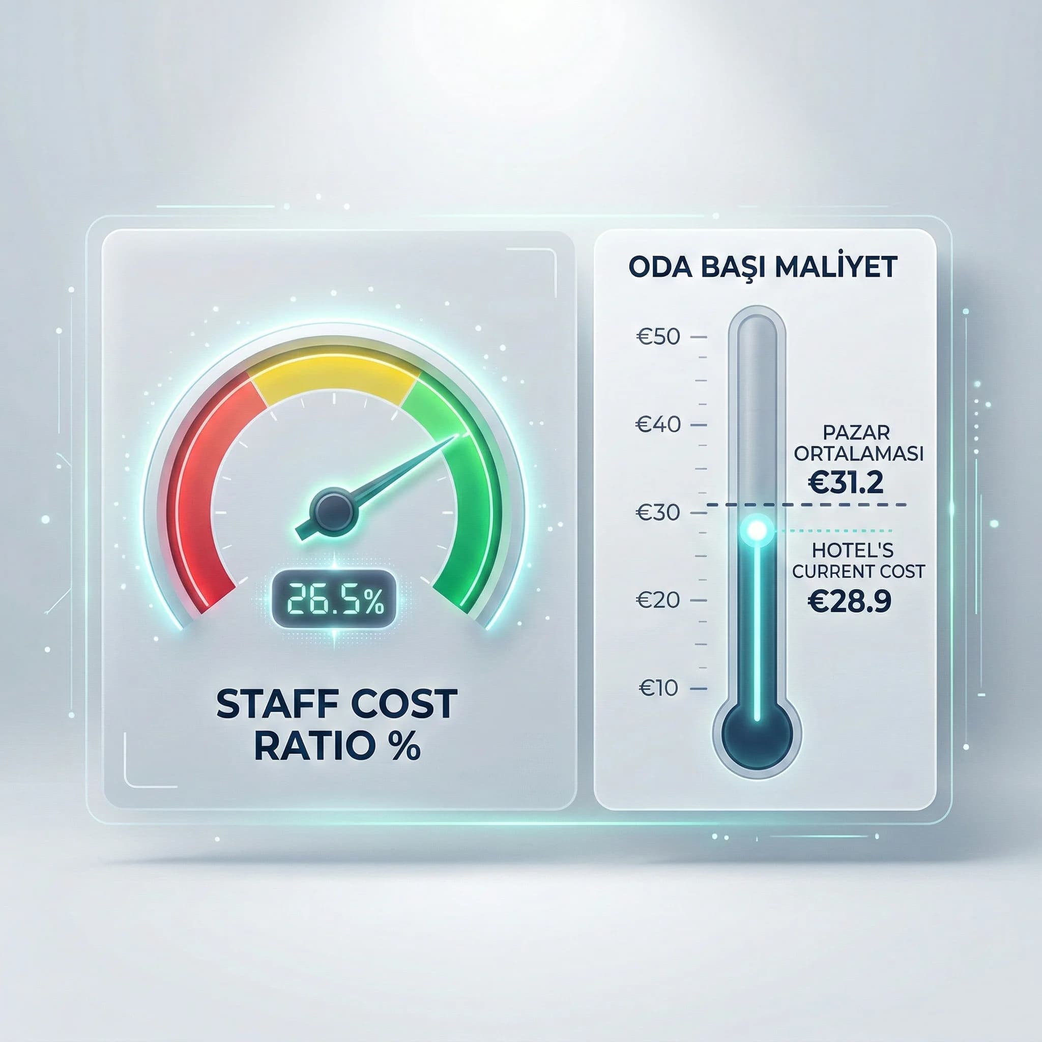 Staff cost ratio ve oda başı personel maliyeti bandını gösteren KPI kartı