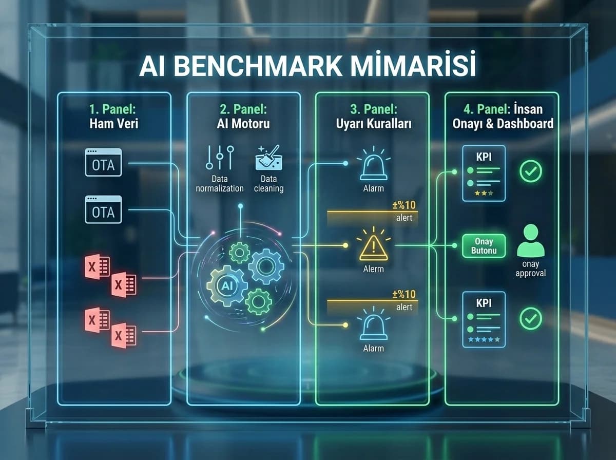 AI benchmark mimarisinin veri motor dashboard aşamalarını ayıran bölüm görseli
