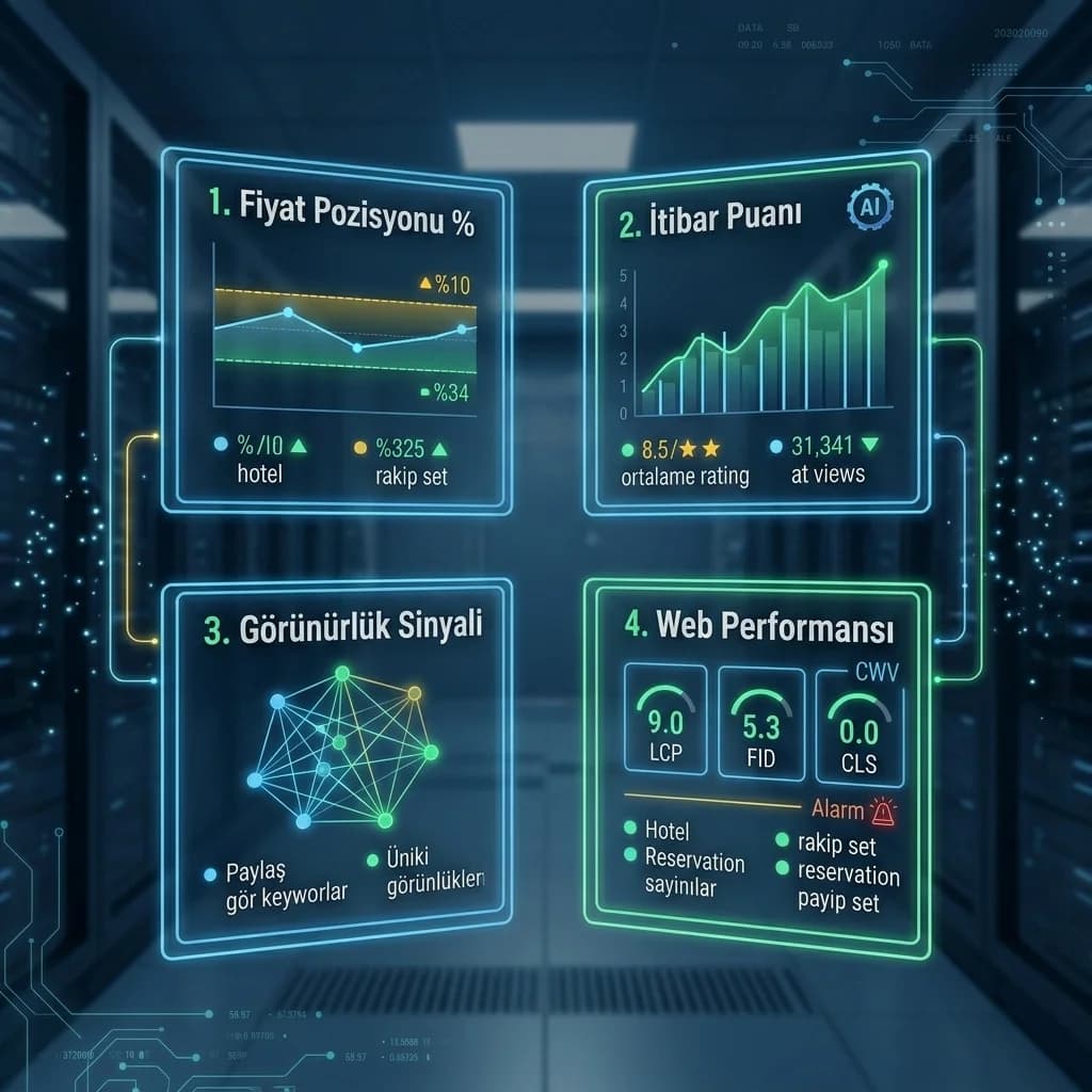 Data sources AI engine alerts dashboard akışını gösteren otel benchmark diyagramı