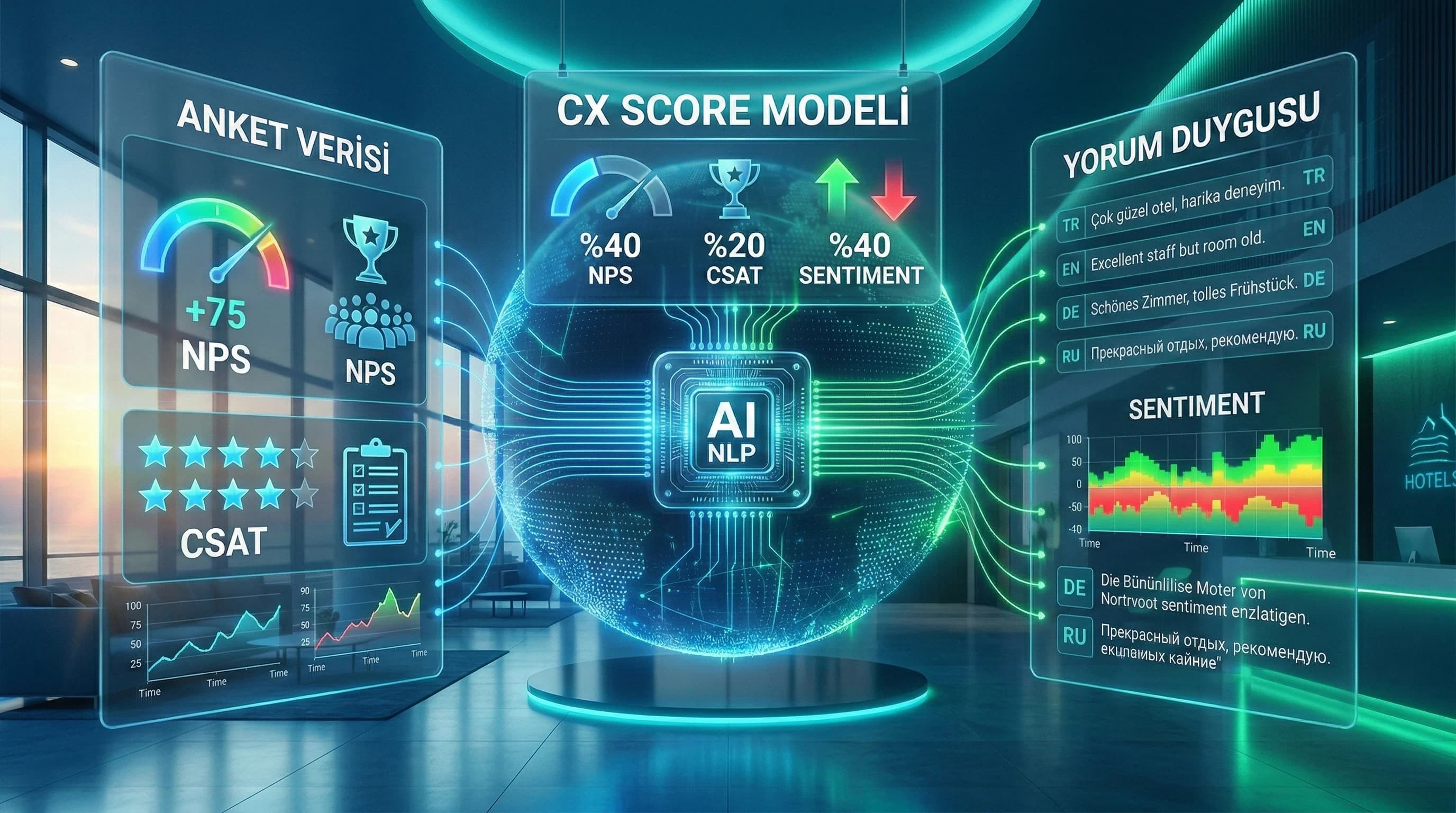 NPS CSAT ve sentiment birleşimiyle CX Score mantığını özetleyen görsel