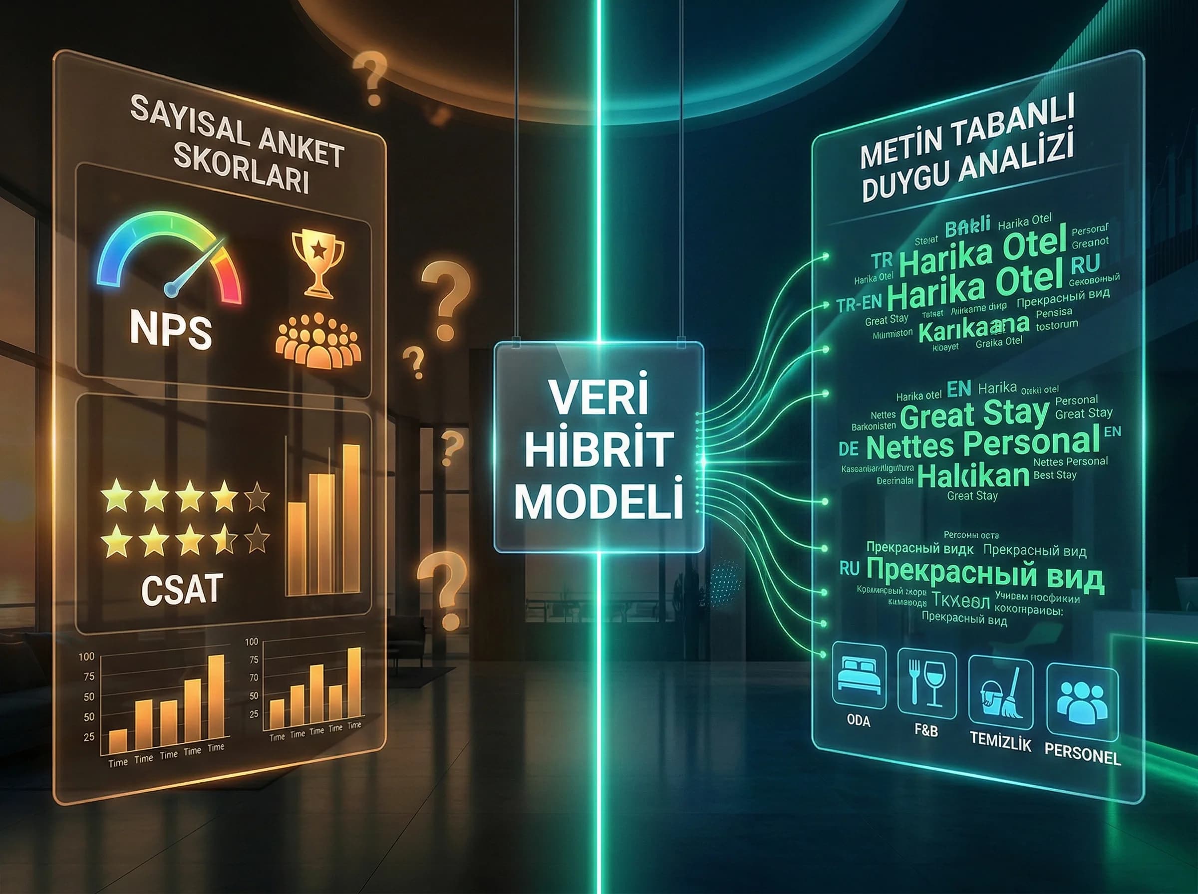 NPS CSAT ve yorum sentiment metriklerini ayıran CX benchmark bölüm görseli