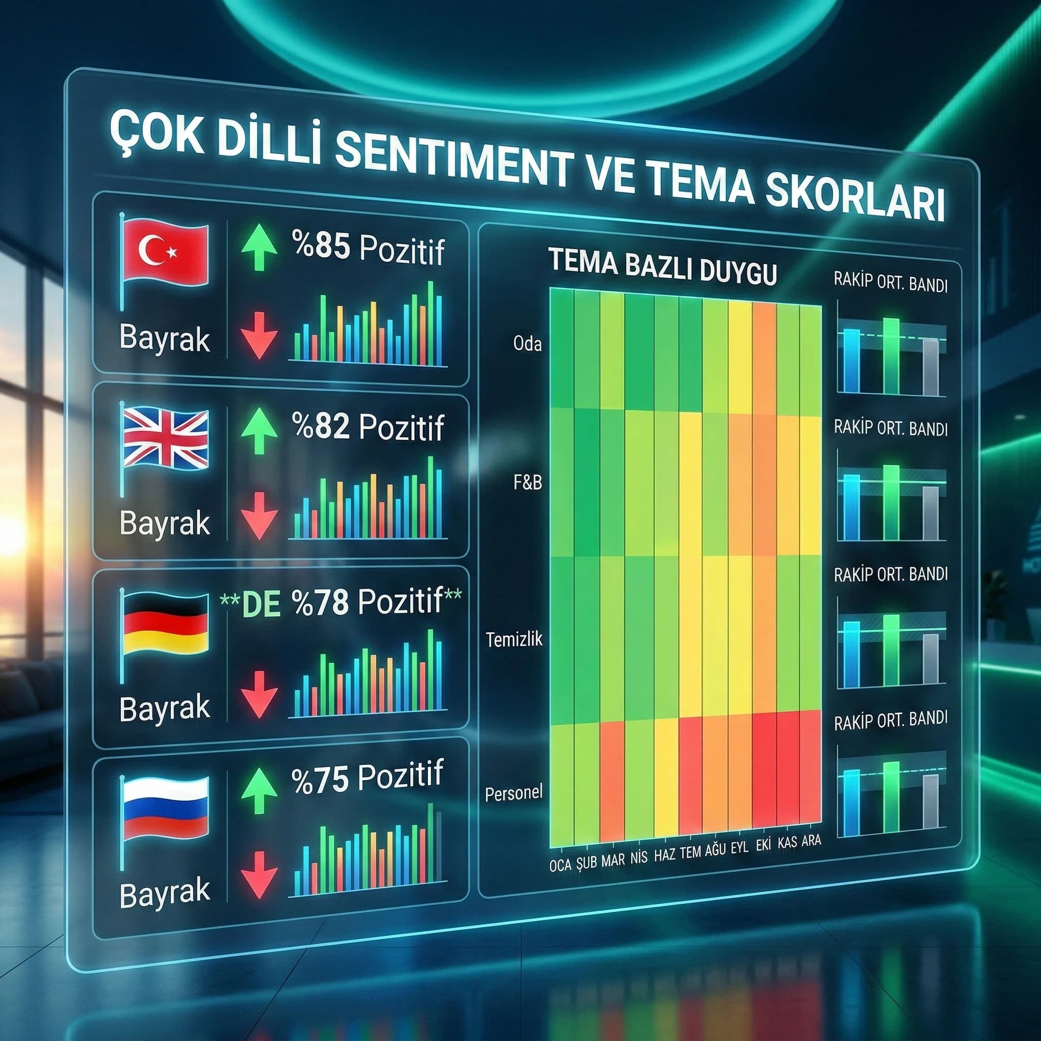 Review sources NLP theme sentiment CX score dashboard akışını gösteren diyagram görseli
