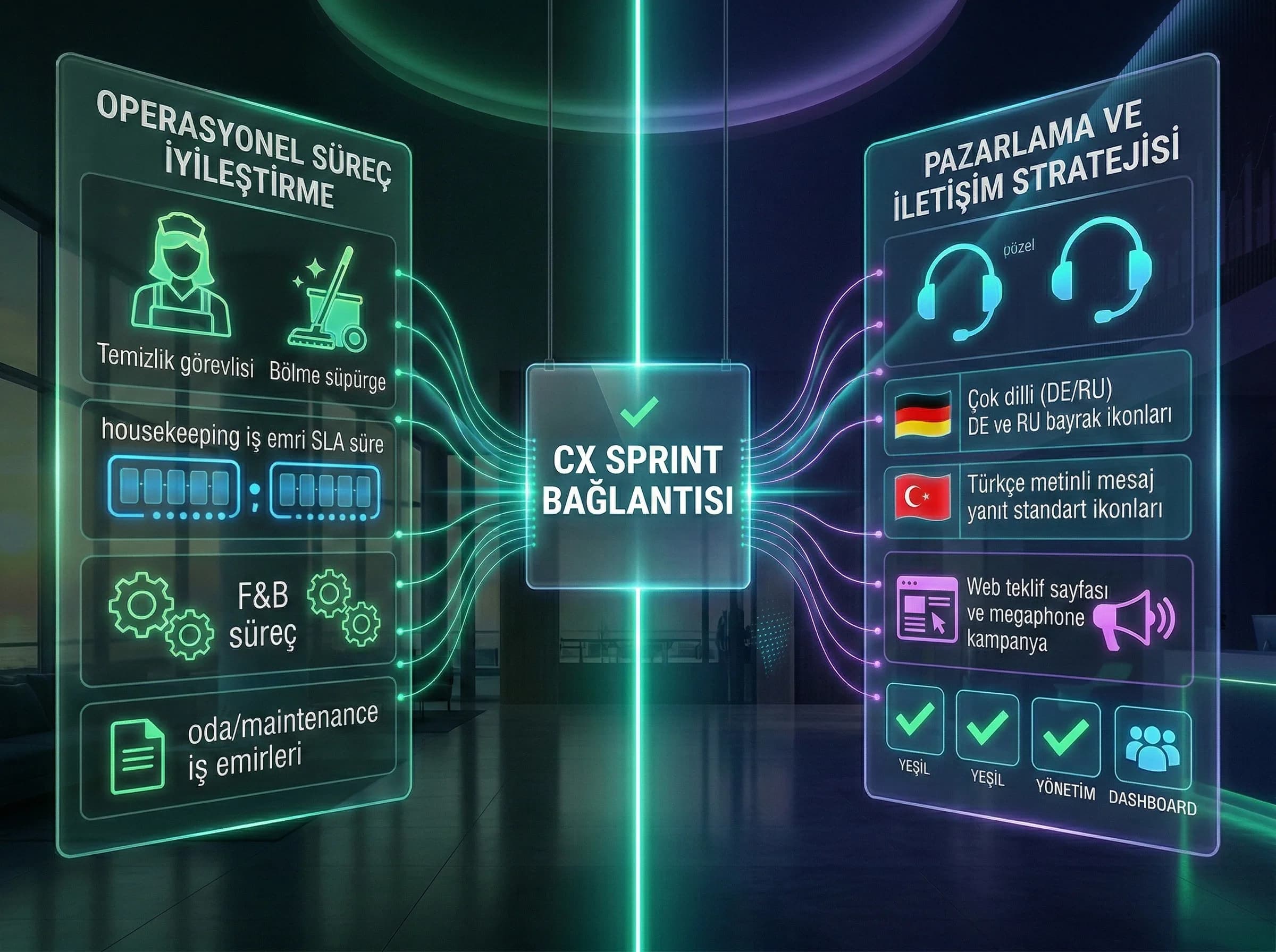 CX benchmark için tema sözlüğü ve sprint adımlarını özetleyen checklist kartı görseli