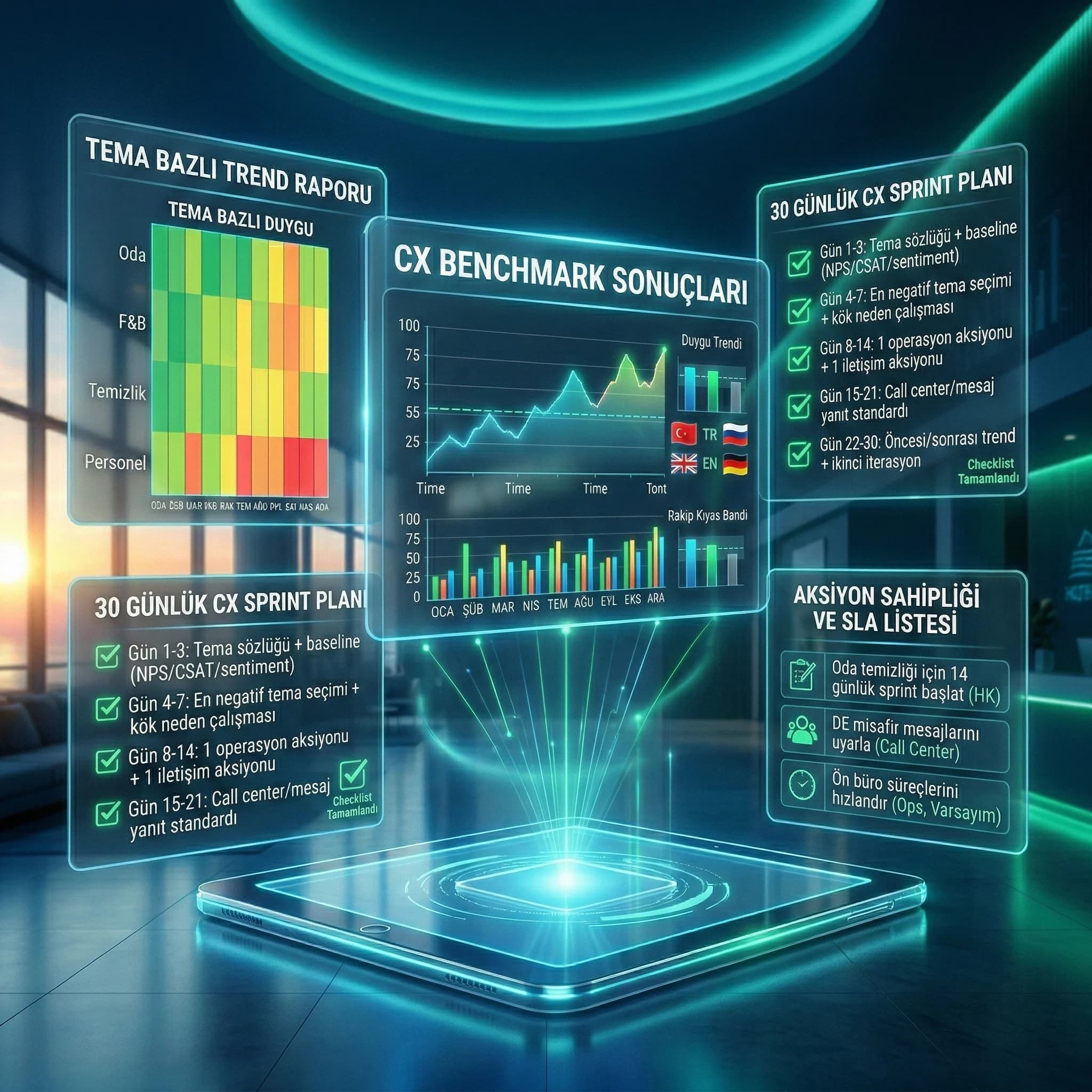 CX benchmark kartları ve aksiyon önerilerini gösteren proof kartı görseli