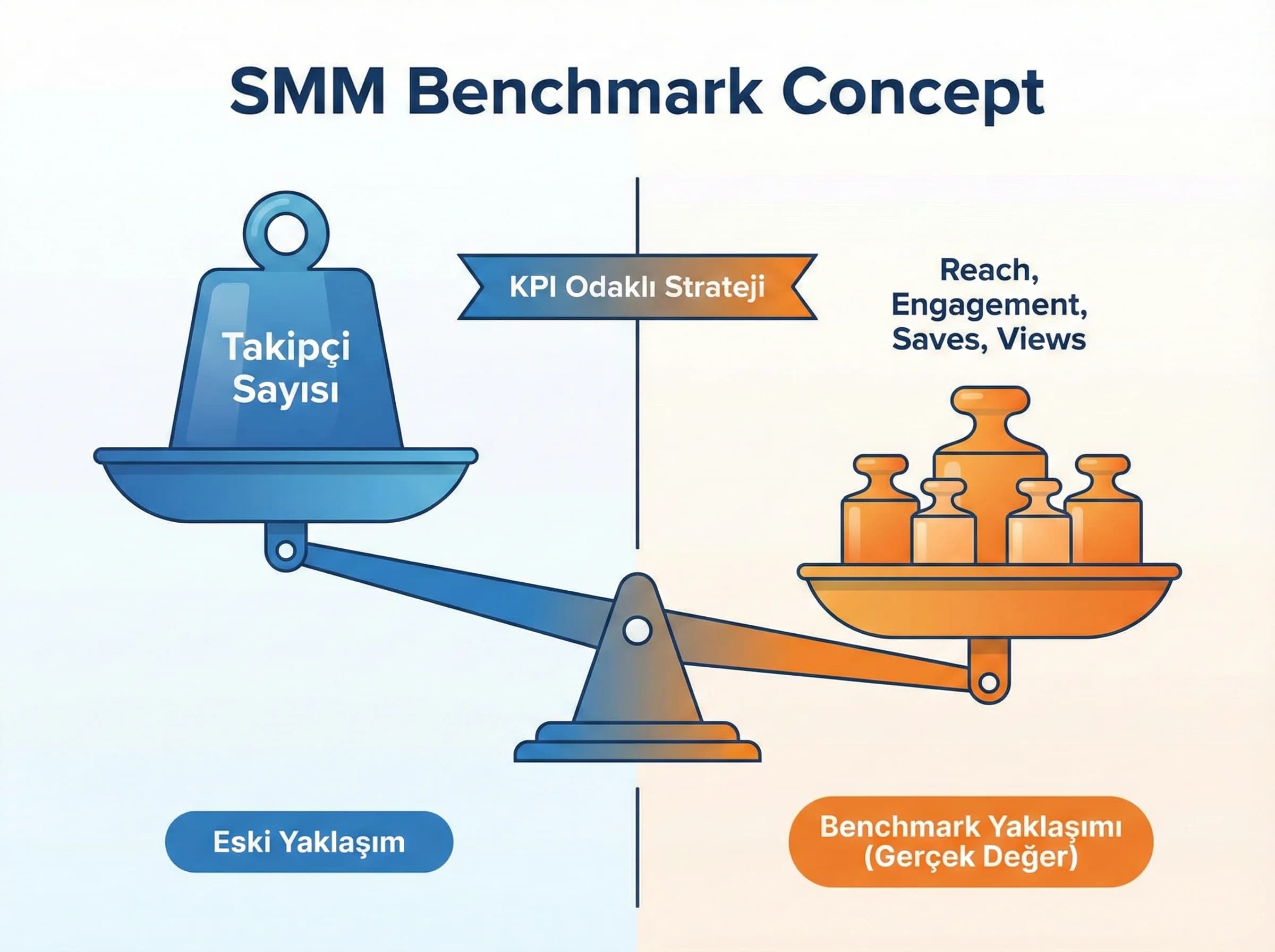 Sosyal medya benchmark kavramını ve KPI setini ayıran bölüm görseli