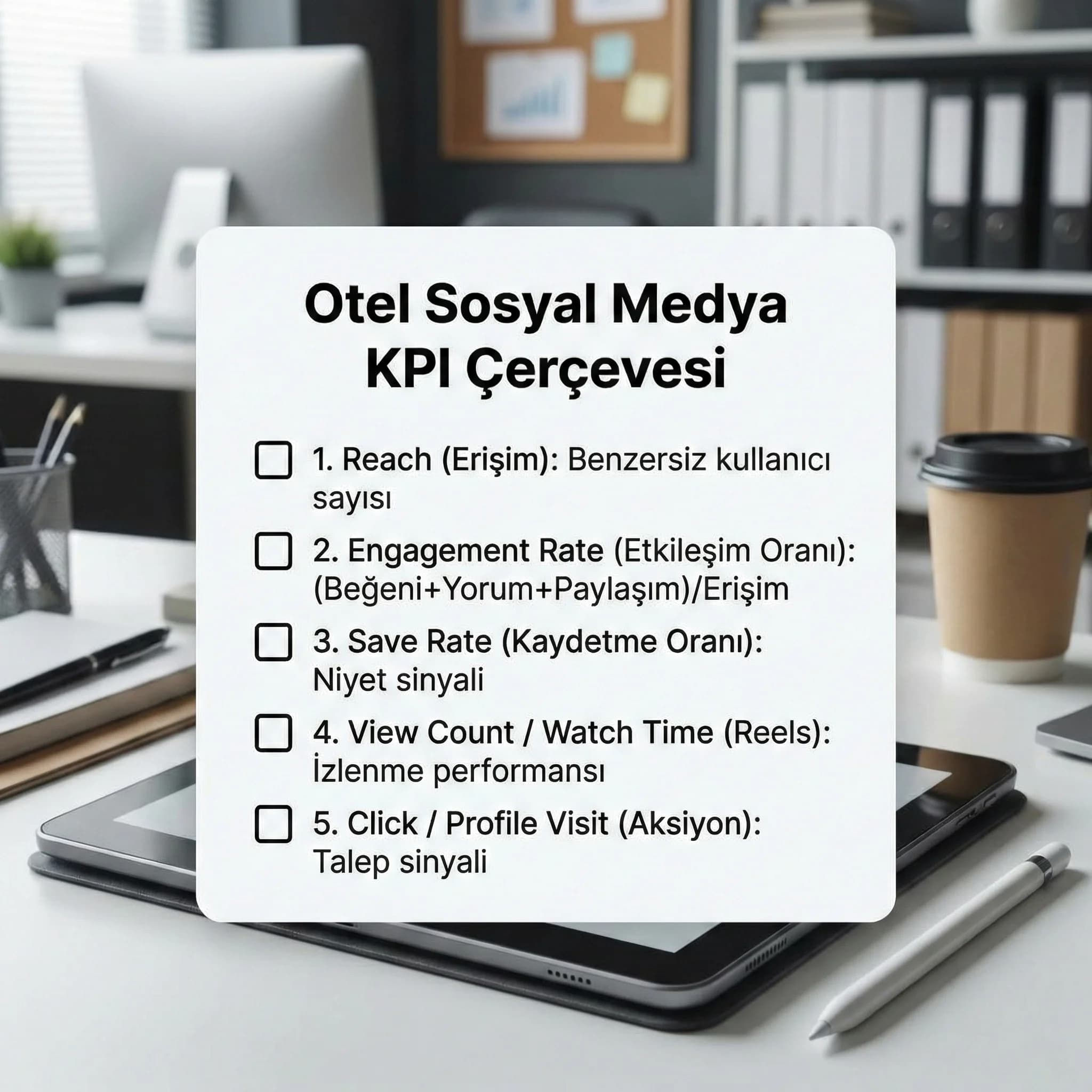 SMM KPI ve benchmark adımlarını özetleyen kontrol kartı görseli