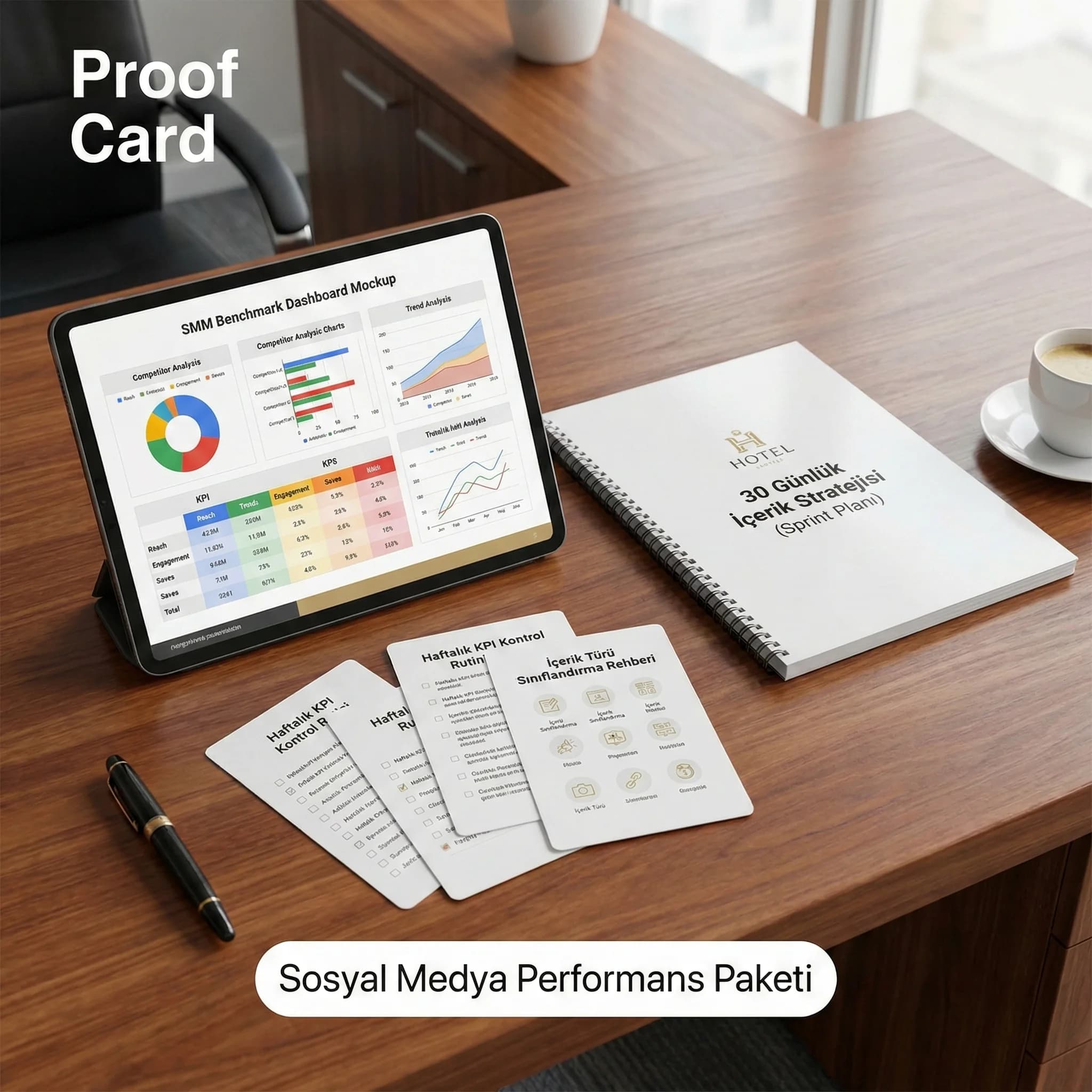 Sosyal medya benchmark dashboard mockup ve strateji çıktısını gösteren kart