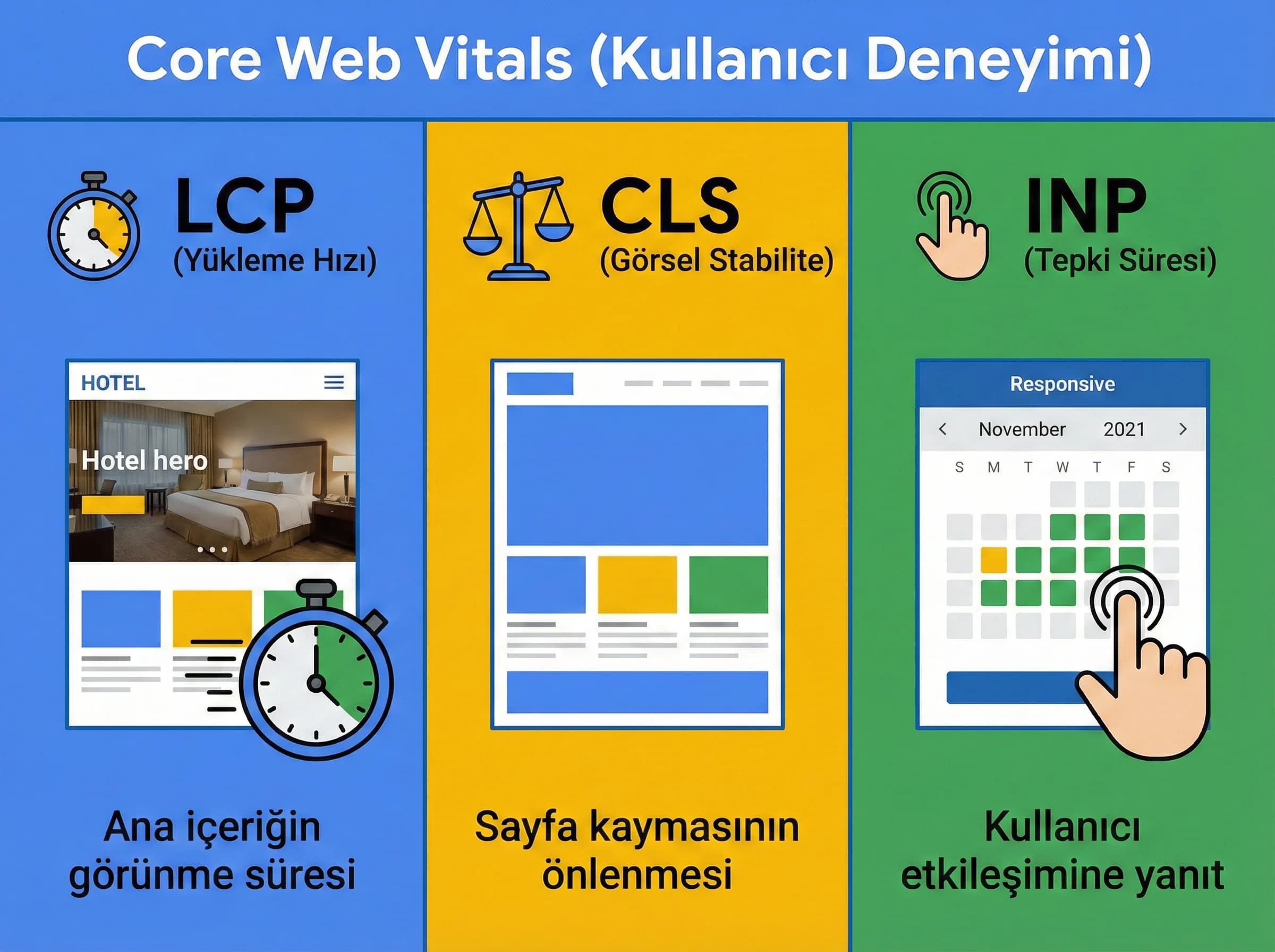LCP CLS INP metriklerini sade şekilde ayıran web performans bölüm görseli