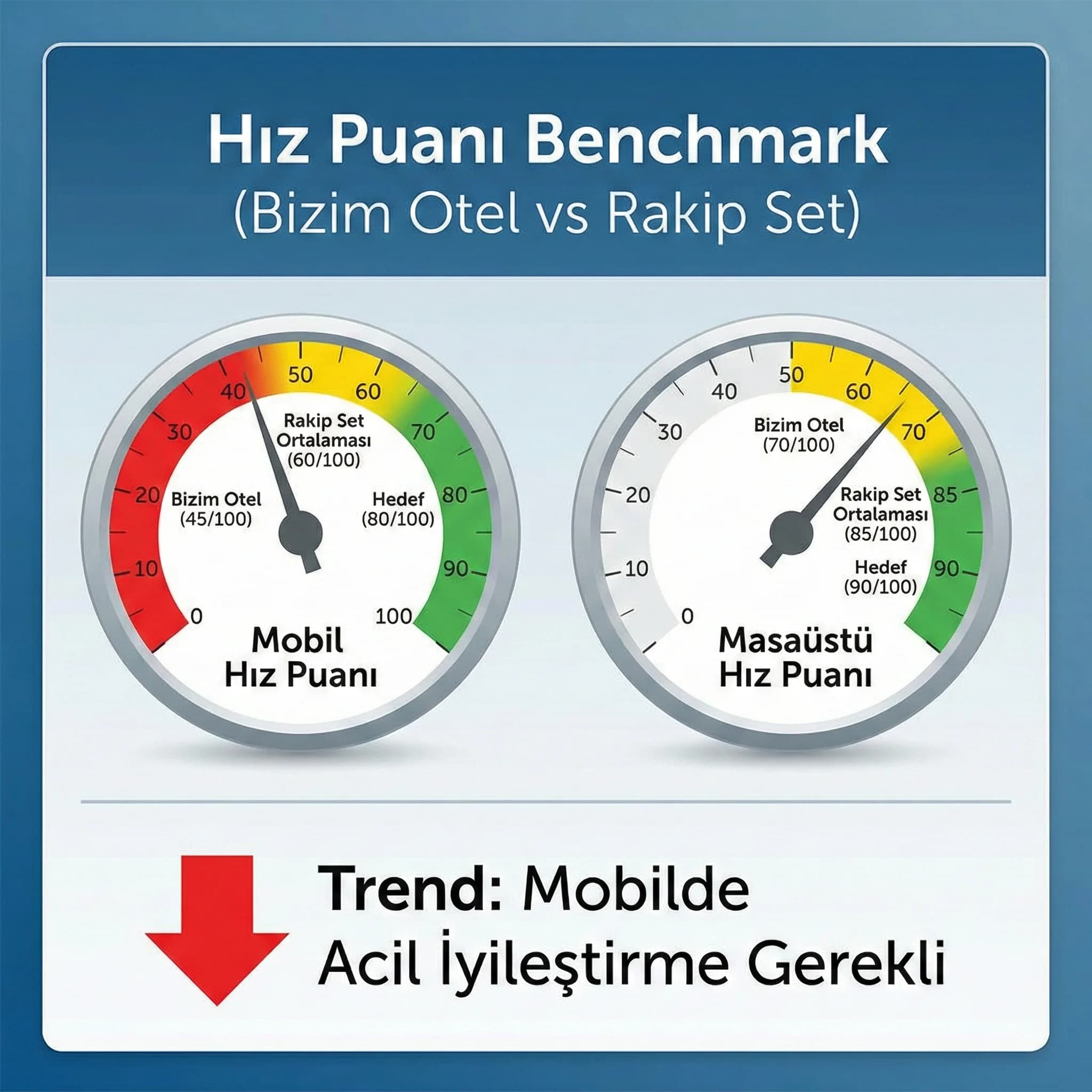 Mobil ve masaüstü hız puanlarını ve CWV trendini gösteren KPI kartı