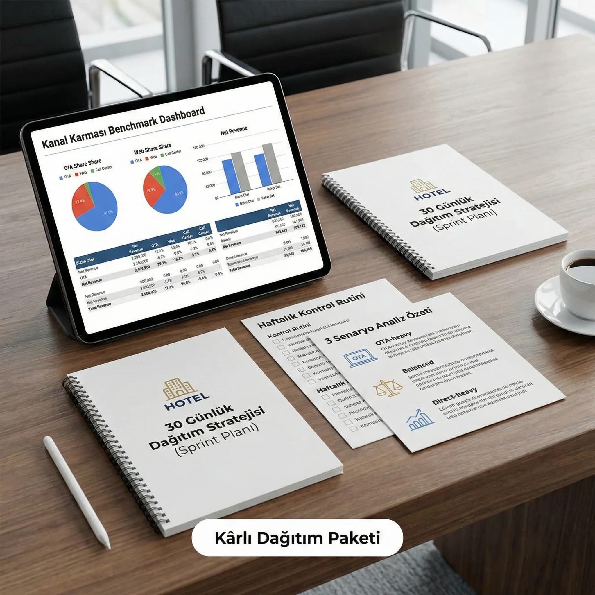 OTA web call center kanal paylarını gösteren KPI kartı görseli