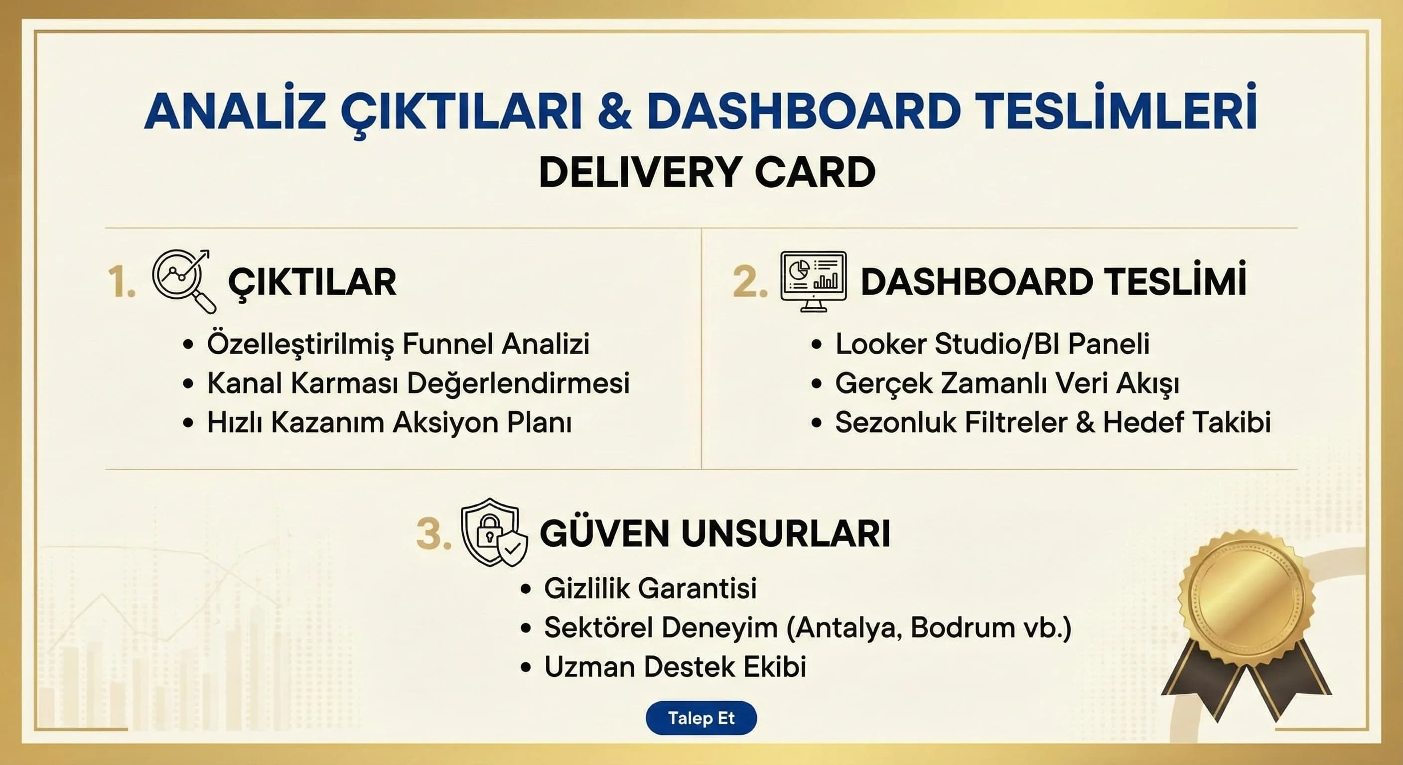 Raporlama teslimleri ve dashboard çıktılarıyla güven unsurlarını anlatan otel kartı