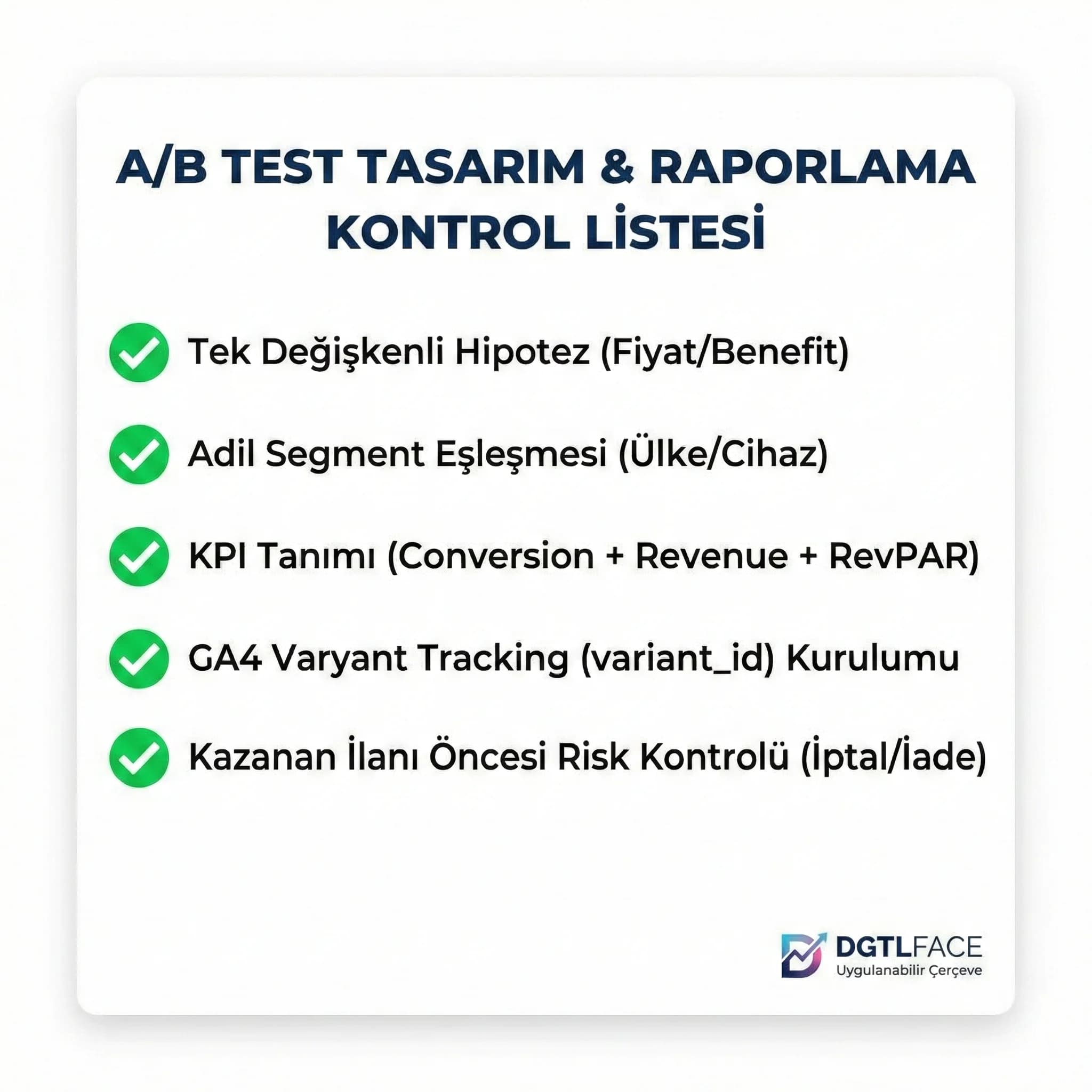 A/B test tasarım ve raporlama kontrol listesini özetleyen kart