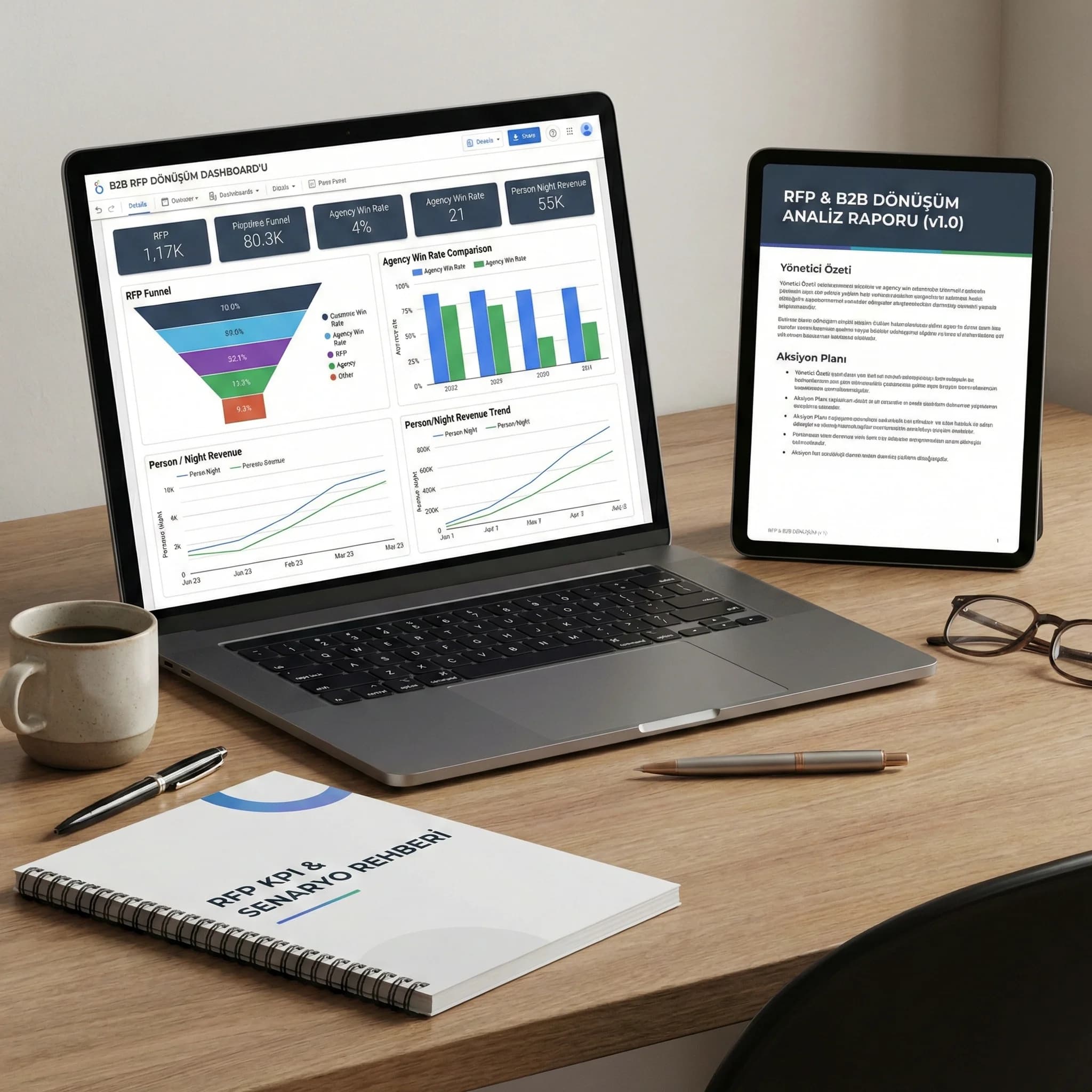 RFP dashboard mockup ve raporlama teslimlerini gösteren proof kartı