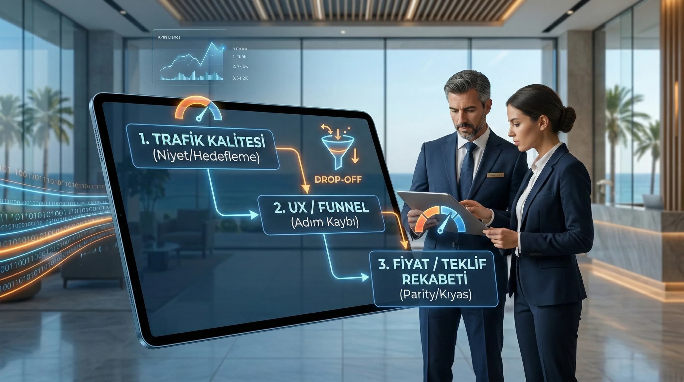 Teşhis sırasını trafik kalite UX fiyat olarak gösteren otel görseli