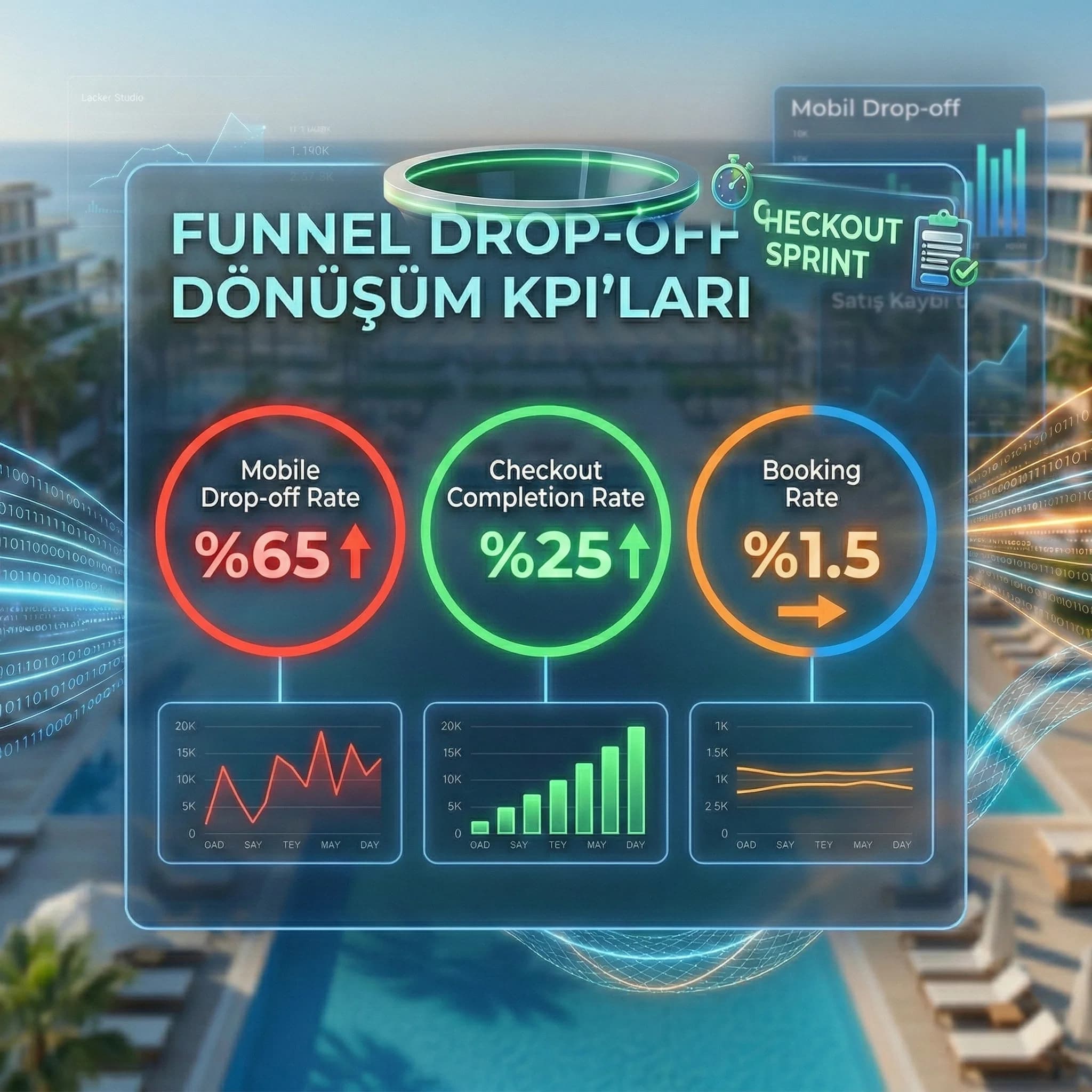 Funnel drop-off ve dönüşüm KPI’larını özetleyen skor kartı