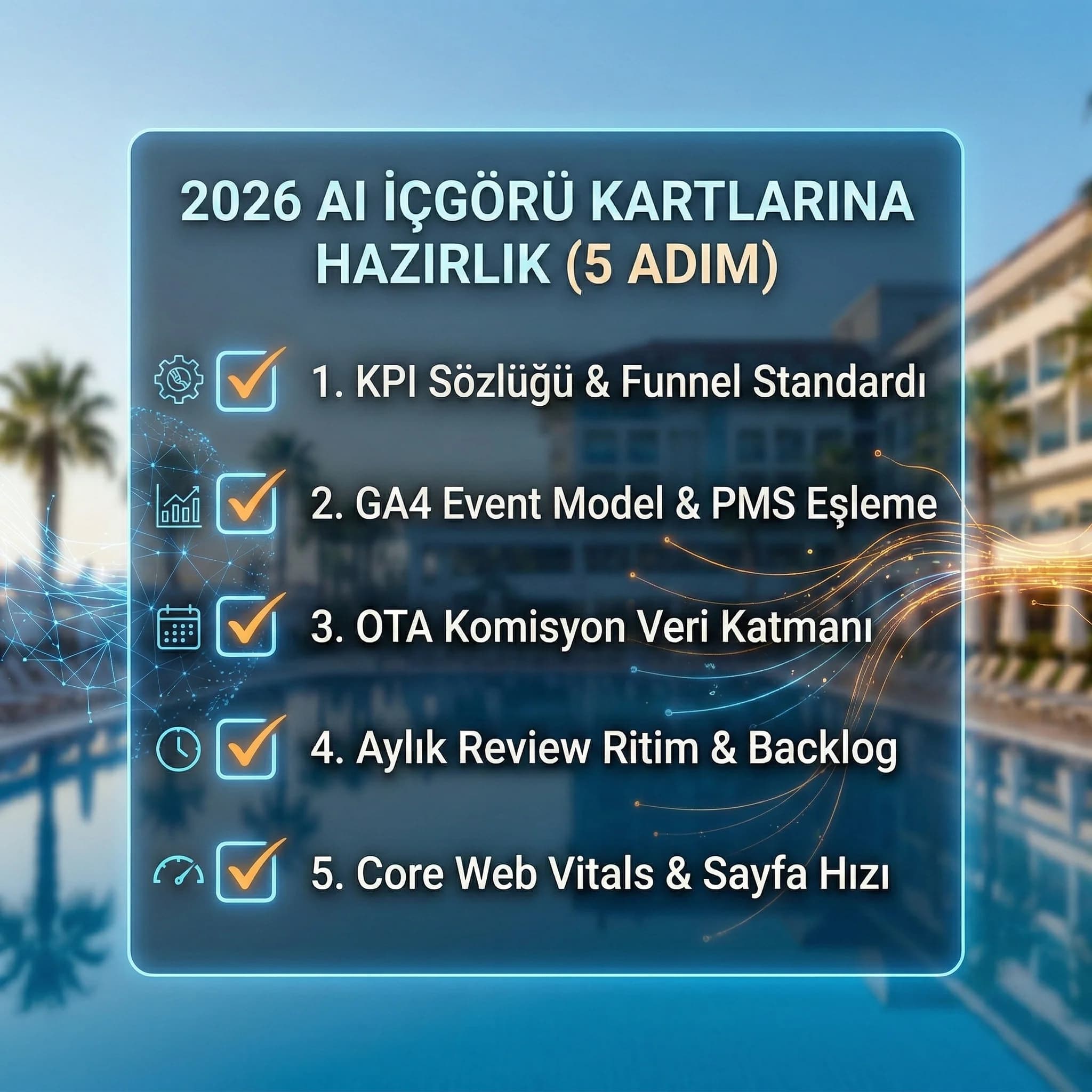 AI içgörü kartlarına hazırlık için 5 adımı özetleyen otel checklist kartı