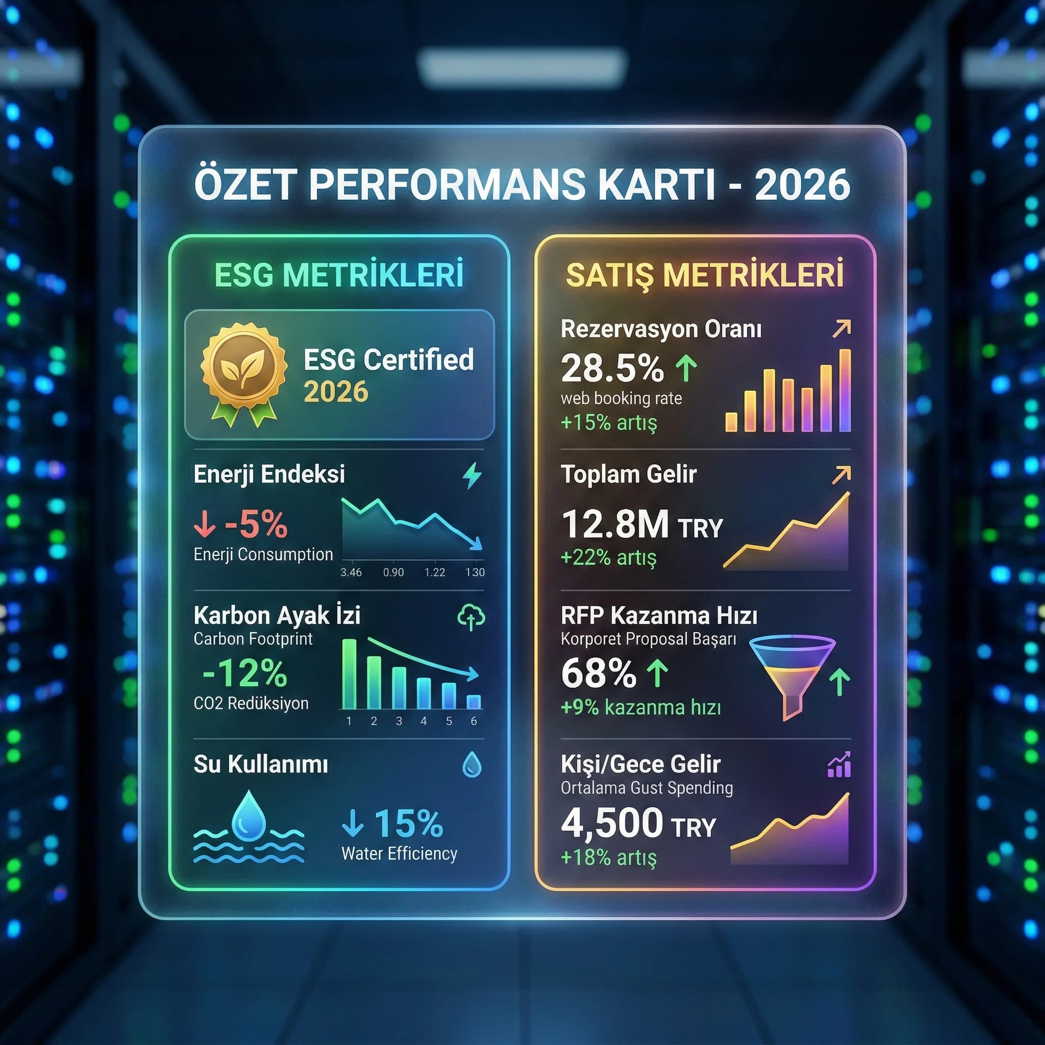 ESG skor enerji su karbon ile booking rate gelir KPI’larını birlikte gösteren kart