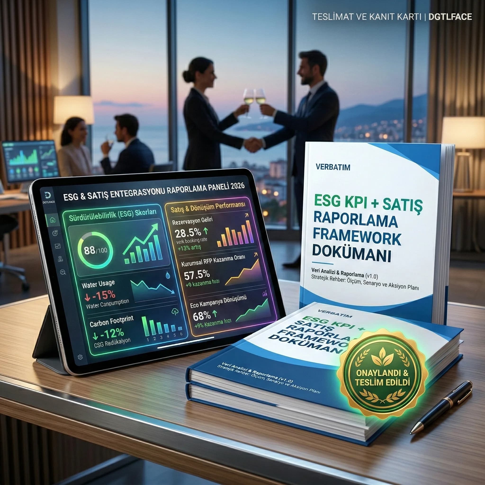 ESG+satış dashboard ve framework teslimlerini gösteren proof kartı