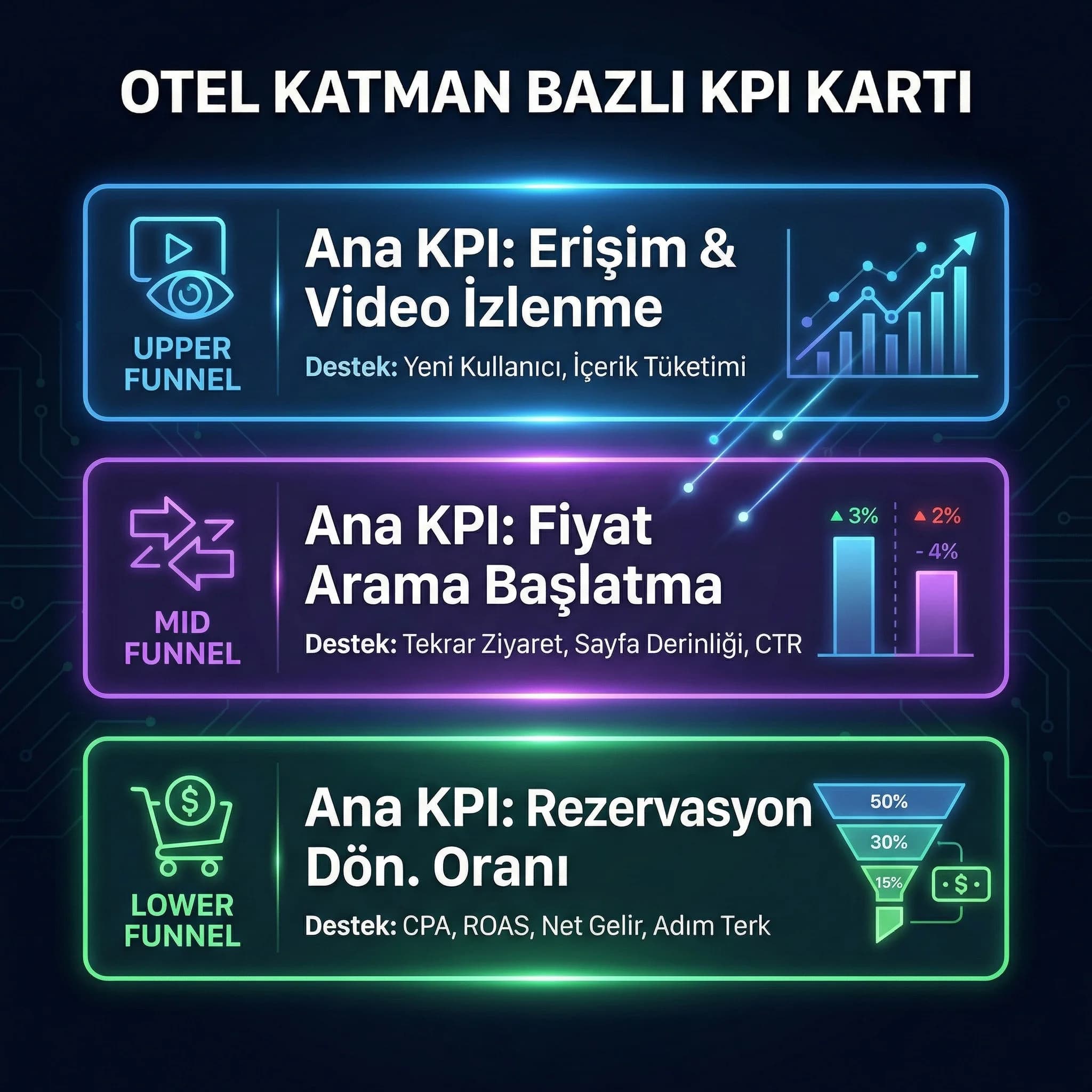 Upper mid lower için KPI setlerini özetleyen otel skor kartı